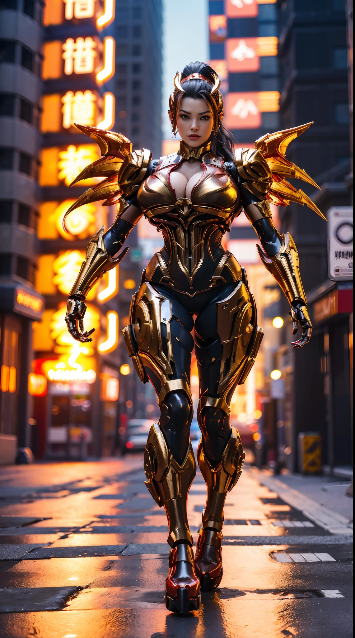 (DRAGON QUEEN), PONYTAIL, (HUGE FAKE BOOBS:1.3), (BEAUTIFUL FACE), (RED, GOLD), (CYBERPUNK STREET CITY BACKGROUND),(((A PAIR OF HUGE MECHANICAL WINGS SPREAD OUT))), (FUTURISTIC PHOENIX MECHA BODYSUIT), (CLEAVAGE), (SKINTIGHT YOGA PANTS), (HIGH HEELS), (PERFECT BODY:1.2), (FULL BODY VIEW), (LOOKING AT VIEWER), (WALKING DOWN:1.3), MUSCULAR BODY, MUSCLE ABS, UHD, 8K, 1080P.