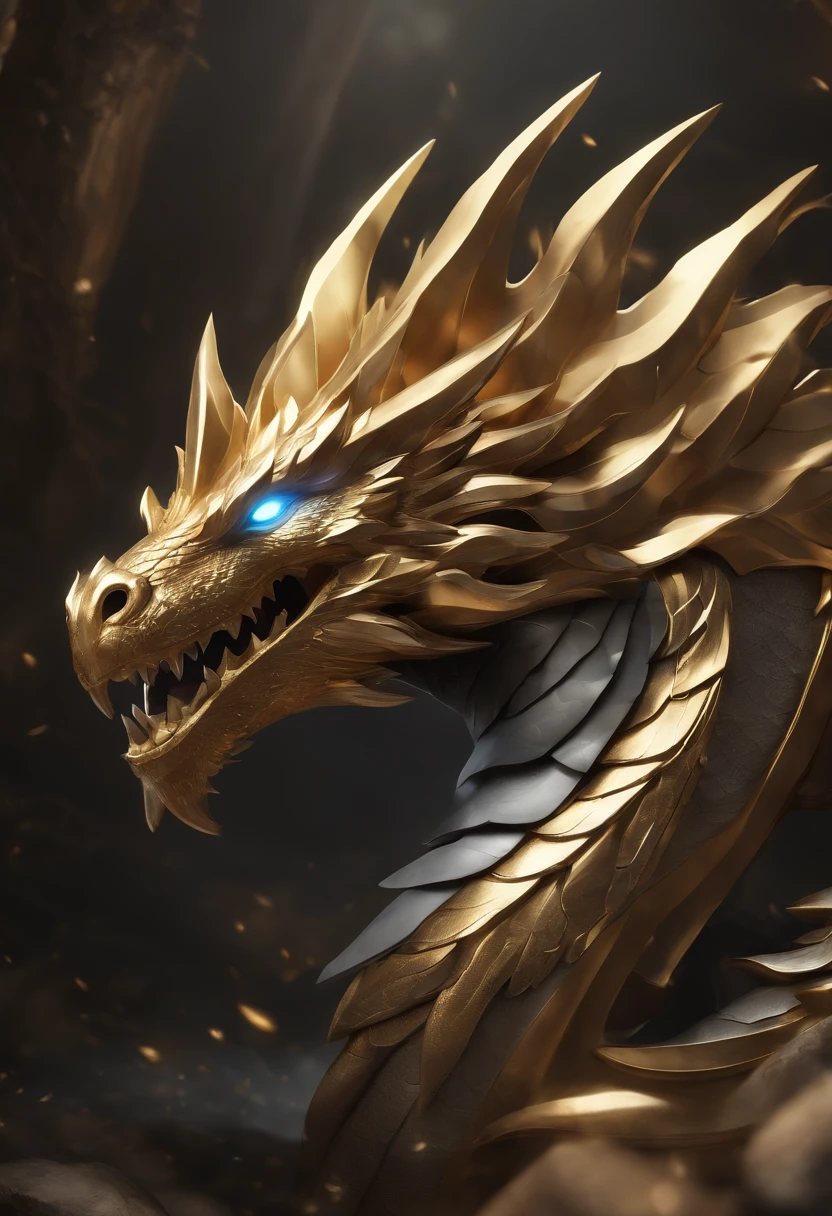 A metal dragon，hearthstone art style, Hearthstone style art, hearthstone concept art, Riot game concept art, style of league of legends, iconic character splash art, League of Legends crown，Game Boss，Surrounding metal feathers，White with gold texture，c4d渲染，Less detail，less detailing，Metal faucet，The head has gorgeous gemstones