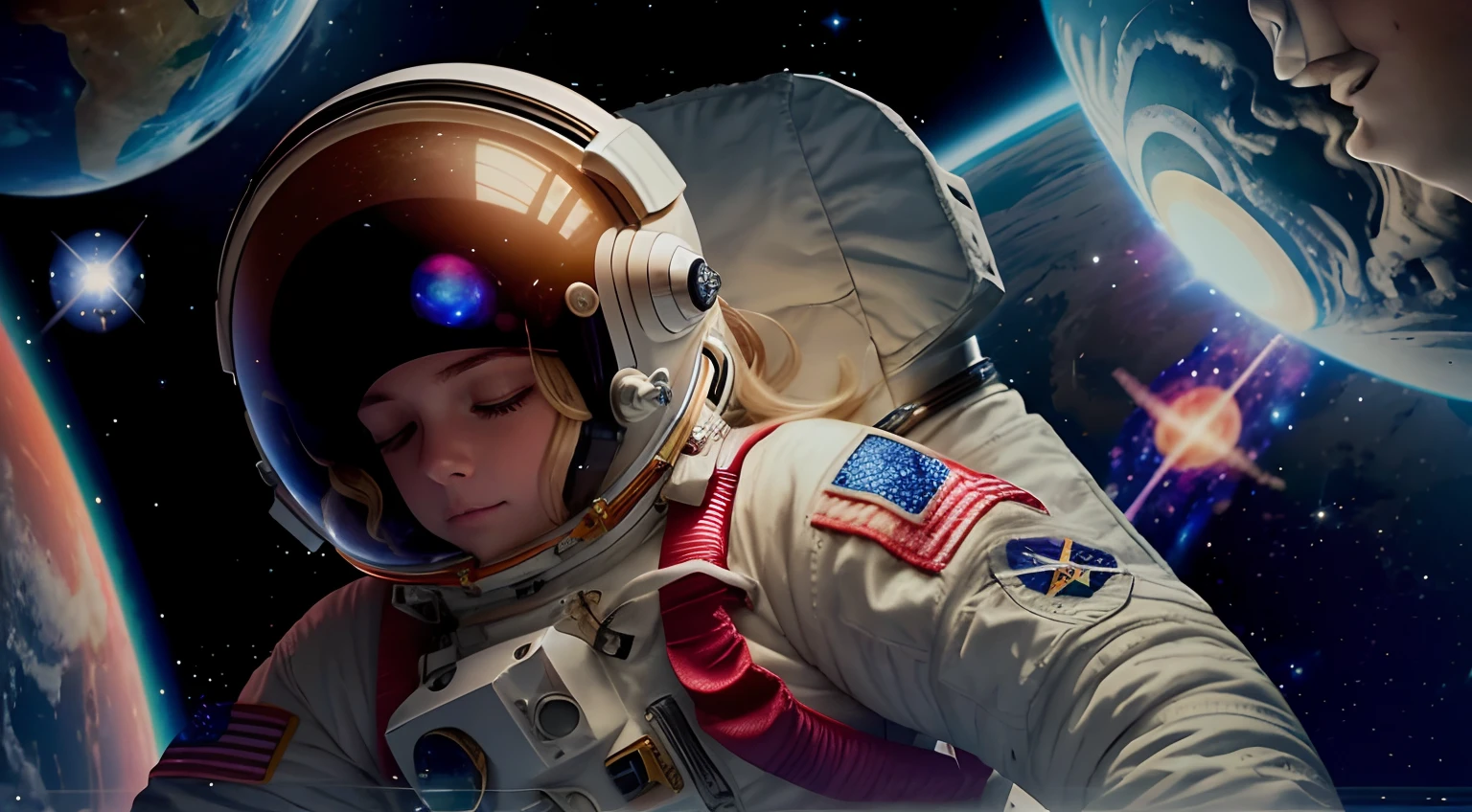 female astronaut floating in space, her eyes open halfway, she has a space suit on and a space helmet, you can see her eyes open halfway wearing headphones with the helmet on, blond hair, stars in the background are twinkling, planets in the background are rotating, opening eyes, a star goes supernova in the background