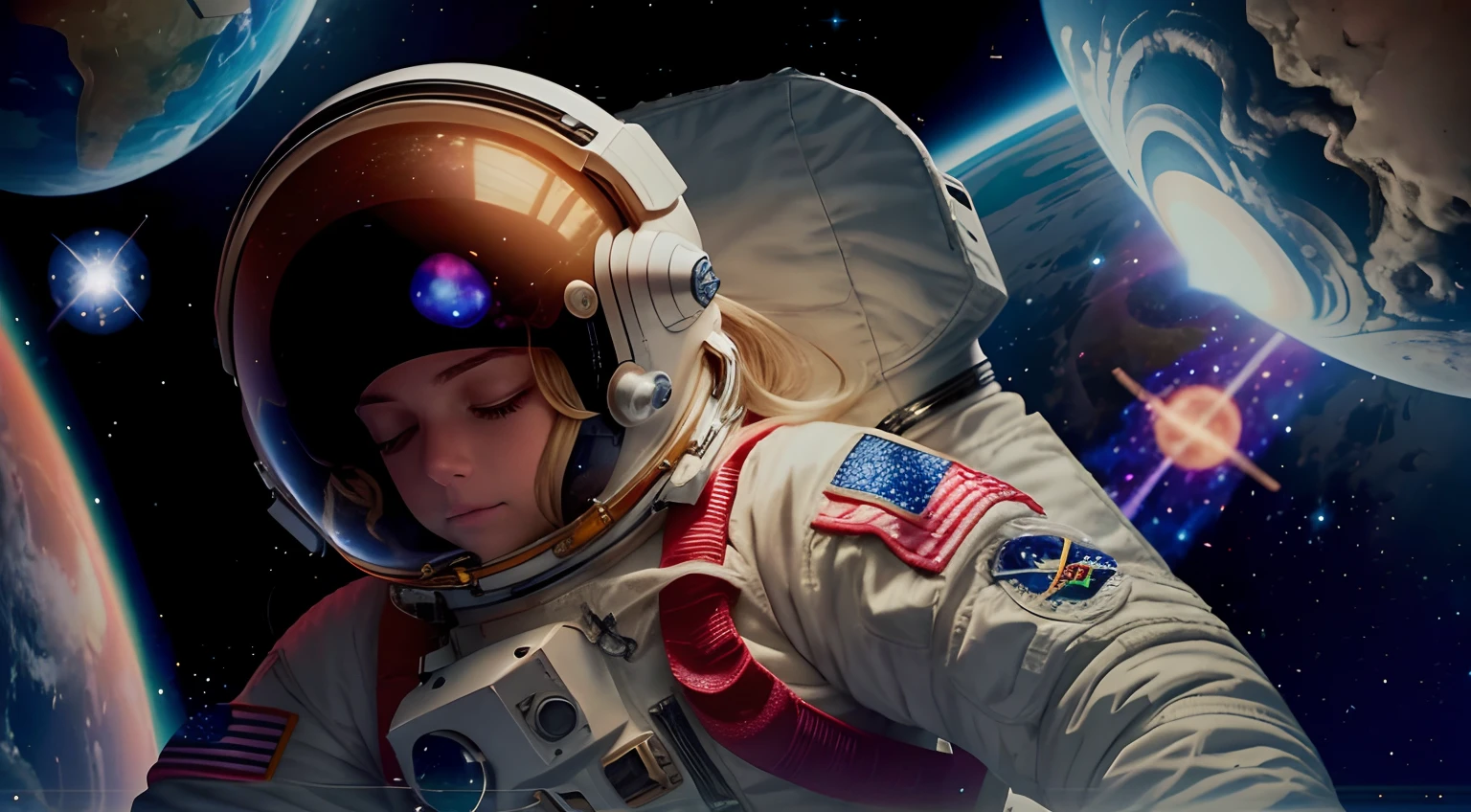 female astronaut floating in space, her eyes open halfway, she has a space suit on and a space helmet, you can see her eyes open halfway wearing headphones with the helmet on, blond hair, stars in the background are twinkling, planets in the background are rotating, opening eyes, a star goes supernova and explodes destroying 2 planets in the background