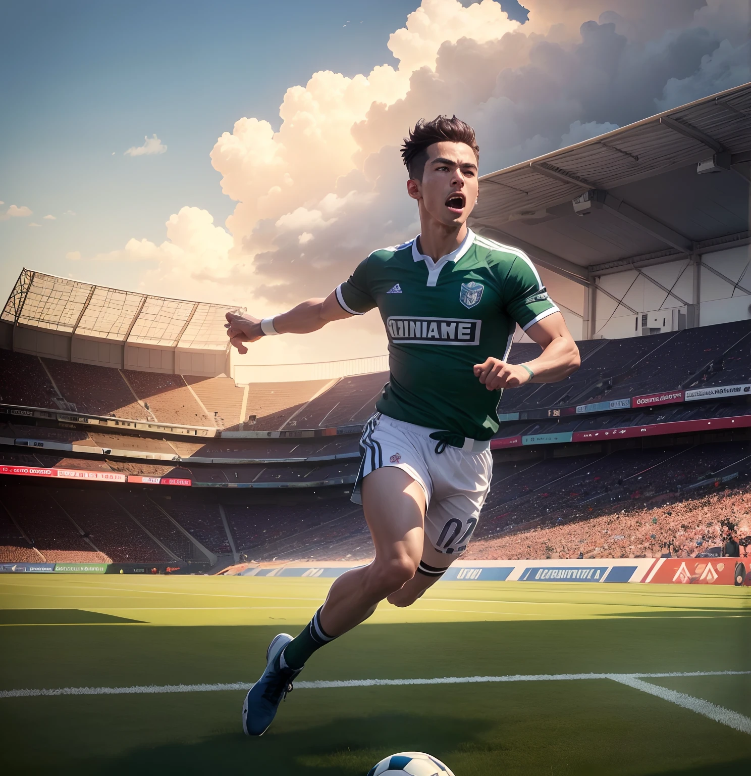 (Best quality,4K,8K,A high resolution,Masterpiece:1.2),Ultra-detailed,(Realistic,Photorealistic,photo-realistic:1.37),wide - angle shot,Sunny day,grassy fields,Immersive perspective,Complete stadium,bustling crowd,Excited fans,a vibrant atmosphere,Cheers,Professional players,Motion blur,Fast-paced gameplay,Accurate ball movement,Detailed player actions,soccer court,Green turf,White goalposts,Bright colors,Clear blue sky,The shadow cast by the player,Player interaction,Competitive spirit,Team jerseys,cleats,referee,Blowing the whistle,The ball is kicked,Intense gameplay,Stadium lights,Player spotlight,Electric atmosphere,Jumbo display score,CCTV cameras capture the action,Goal celebration,Spectacular goals,Emotional responses,Photojournalists capture moments,Slow-motion replays of key highlights,Thrilling suspense,Rat race,World-class sporting events.