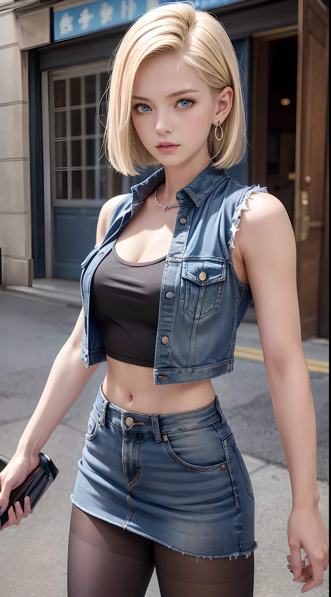Realistic Android 18, Full Body, Blonde Hair, Blue Eyes, Eyelashes, Hoop Earrings, Short Hair, Earring, Black Sock, White Shirt with Black Stripes, Chest Pocket, Cleavage, Collarbone, Denim, Denim Skirt, Miniskirt high waist, detailed legs, jewelry, long sleeves, pocket, shirt, tucked in shirt, skirt, striped, striped sleeves, vest, correct hands, detailed high volume legs. She walks towards the viewer