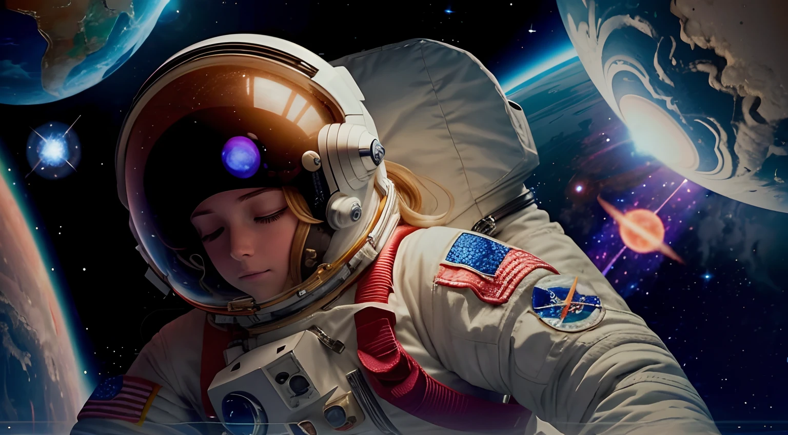 female astronaut floating in space, her eyes open halfway, she has a space suit on and a space helmet, you can see her eyes open halfway wearing headphones with the helmet on, blond hair, stars in the background are twinkling, planets in the background are rotating, opening eyes, a star goes supernova and explodes destroying 2 planets in the background