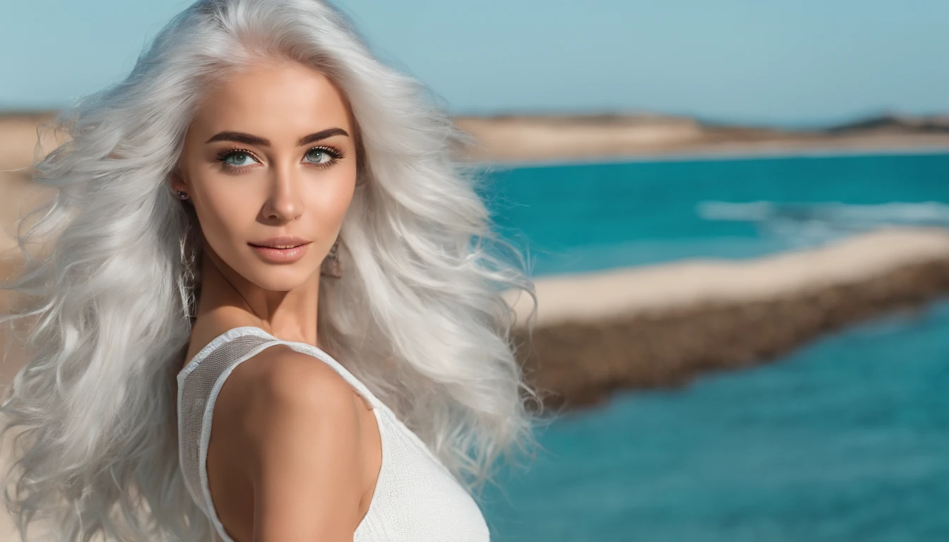 Woman in white tank top and ripped jeans, Sexy girl with green eyes, Portrait of Sophie Mudd, (Big Eyes:1.2 ), (Subtle turquoise eyes), (Voluminous white hair:1.8), (Silver-haired hair), (large eyes), (Silver-haired hair), (large eyes), (Silver-haired hair), (large eyes), Selfie of a young woman, without makeup, natural makeup, Straight Looking at the Camera, Faces with artgrams, Subtle makeup, Amazing full-body shots, Pierced green eyes, Beautiful angles, attractive pose, Cute Girl, Sexy Pose, full body photograph, s whole body, full body shooting, Brunette Goddess, High Detail, Satisfying pose, seaside, waves, Sunny weather