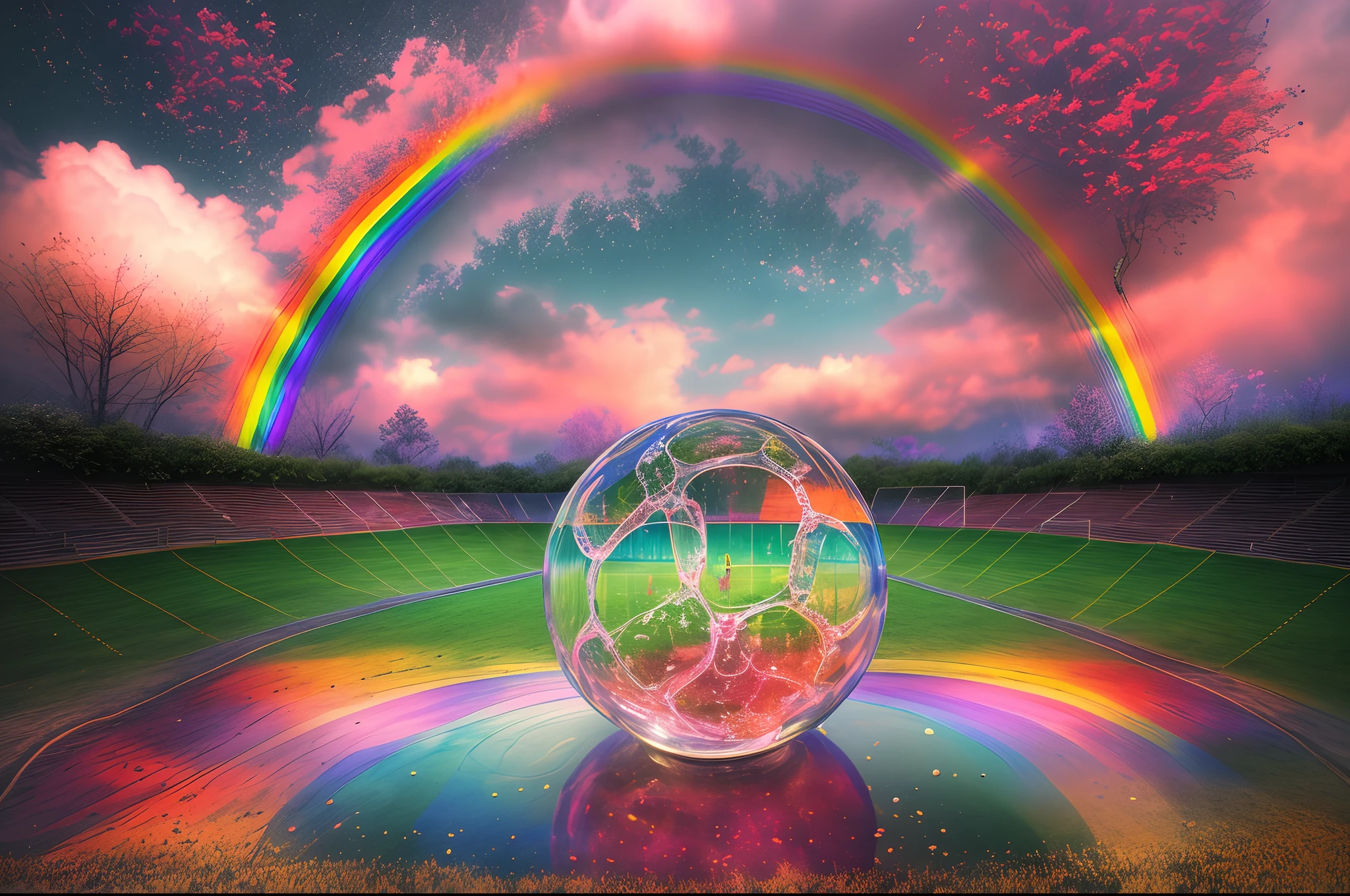 A cute double-exposed artwork that blends rainbows in the sky and glass football, A rainbow in the sky should serve as a potential background, Its details blend seamlessly with a smooth and transparent football. Clear the soccer ball to the point, It has a double exposure effect and a glossy look. The figure of the rainbow in the sky should be slightly footballed, Reveal the rainbow in the mind sky,The overall atmosphere should be gloomy and moody, Soft colors and a sense of decay. The artwork should evoke a sense of simplicity, Has a complex and layered design. The image should be highly realistic, With a high level of detail and deep realism. The lighting should be diffuse and soft, Create a gloomy moody atmosphere. The artwork should have a cinematic feel, The lighting and camera working elements are reminiscent of movies. Images should be highly detailed and rich, High-density visual information. The overall effect should be reminiscent of high-quality photography, Double exposure effect enhancement1.1x magnification.