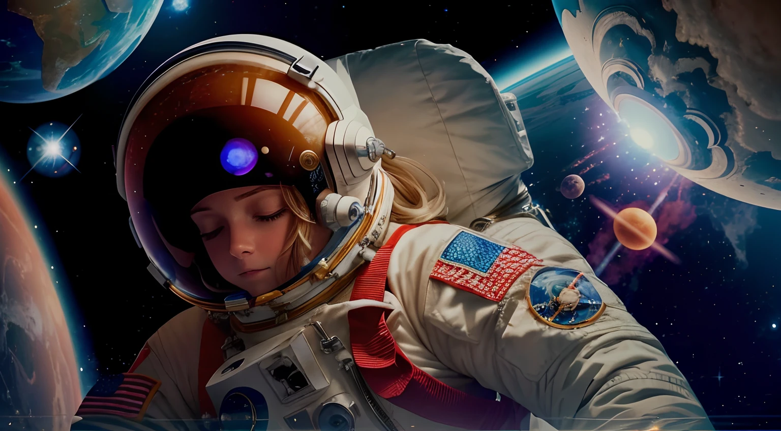 female astronaut floating in space, her eyes open halfway, she has a space suit on and a space helmet, you can see her eyes open halfway wearing headphones with the helmet on, blond hair, stars in the background are twinkling, planets in the background are rotating, opening eyes, a star goes supernova and explodes destroying 2 planets in the background