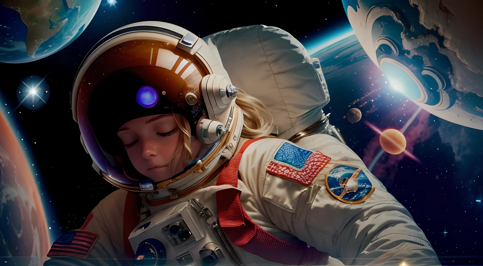 female astronaut floating in space, her eyes open halfway, she has a space suit on and a space helmet, you can see her eyes open halfway wearing headphones with the helmet on, blond hair, stars in the background are twinkling, planets in the background are rotating, opening eyes, a star goes supernova and explodes destroying 2 planets in the background