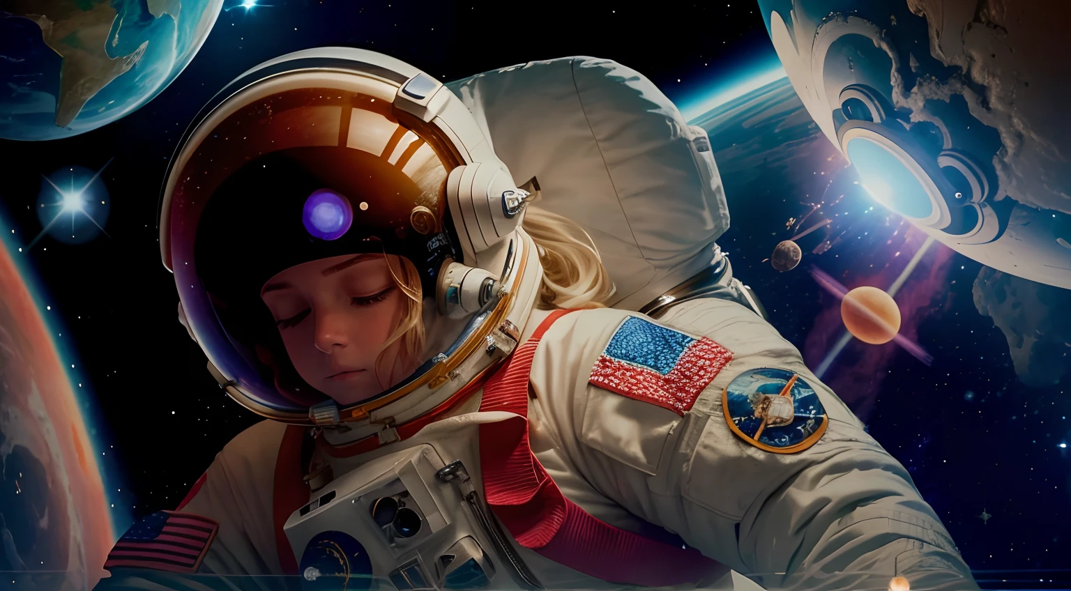 female astronaut floating in space, her eyes open halfway, she has a space suit on and a space helmet, you can see her eyes open halfway wearing headphones with the helmet on, blond hair, stars in the background are twinkling, planets in the background are rotating, opening eyes, a star goes supernova and explodes destroying 2 planets in the background