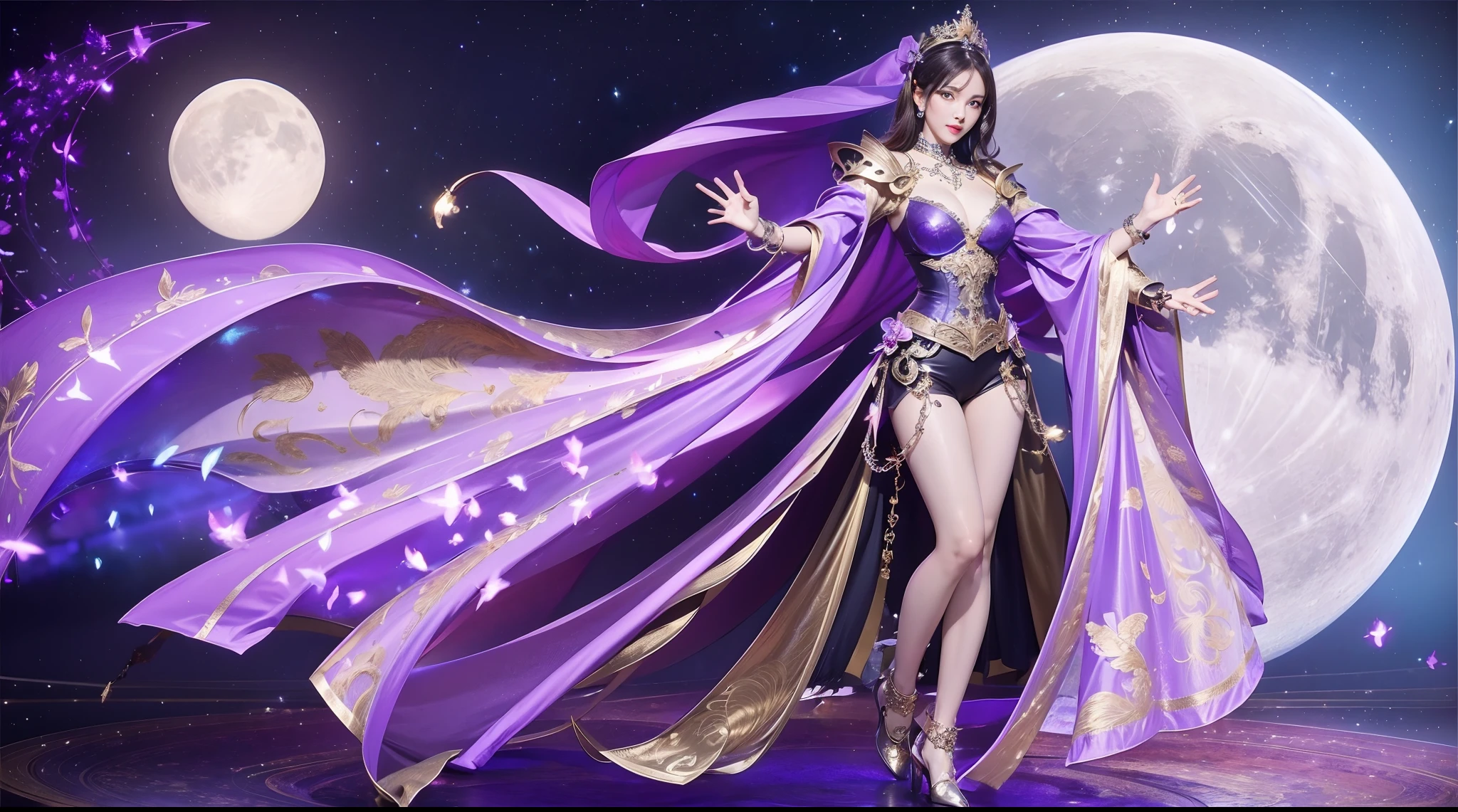 Tall and mature beauty,(Purple mech:2.1),opulent((chest:1.5),(butterflys,Moon pattern)decor)) ,(A silver chain was tied around his arm:1.85) Full body photo,(Undressing)Huge moon background(Fly in mid-air)Grand background,Highest image quality,Enrich the picture,complexdetails,8khdr,Full body photo,Beautiful wallpapers