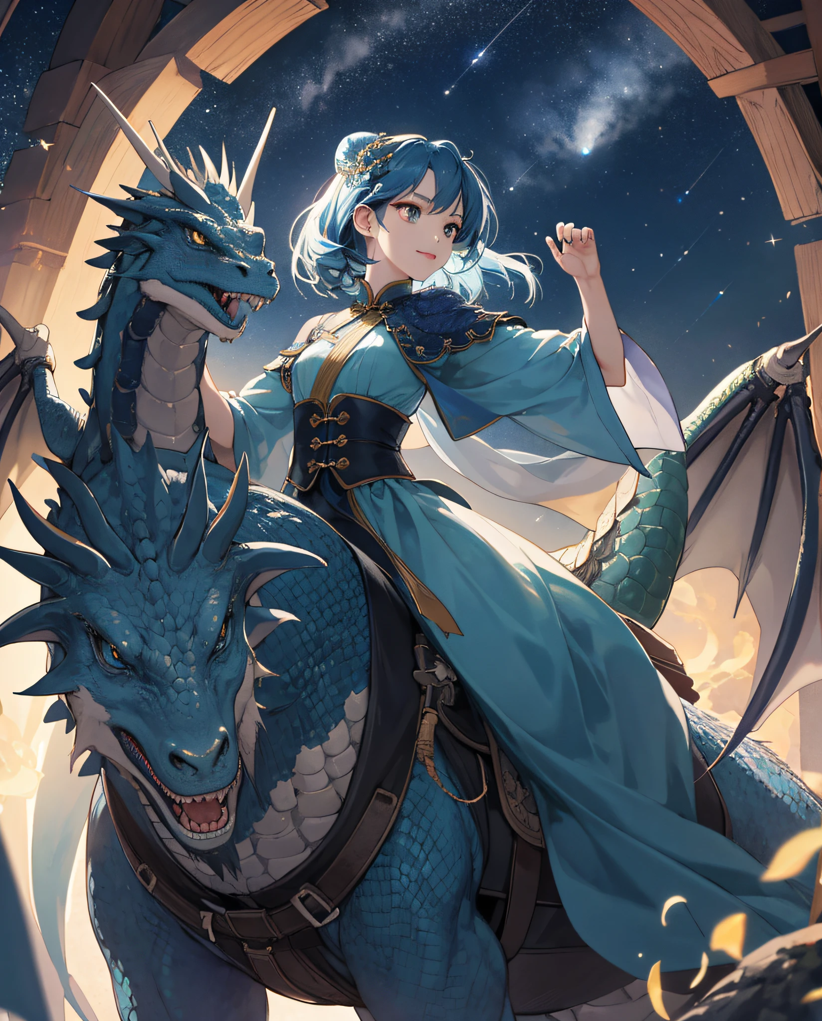 Masterpiece, Best quality, 8K, high detal, Ultra-detailed,Under the stars，A young girl（19years old）Wearing a long dress，A blue hair accessory is lightly worn on the head，Her facial features are beautiful，It's sweet and cute to laugh。She rides a huge dragon，The body of the dragon is cyan，The claws are sharp，Dragon scales flicker。

The scene is outdoors，Under the stars，Girl riding on the back of a dragon，Dragons soar in the starry sky。

It was night，Dots and dots，Moonlight is soft。The girl's shadow cast a small silhouette on the dragon's body。

Observe from a greater distance，The figure of the girl and the dragon appears small in the starry sky，But the overall picture is amazing。The perspective is looking up。

The picture quality is very clear，The details can see the fluttering of the girl's long dress and the delicate luster of the dragon scales。

The painting style is two-dimensional，Vivid colors，Vivid image。The overall style is full of dreamy romance。