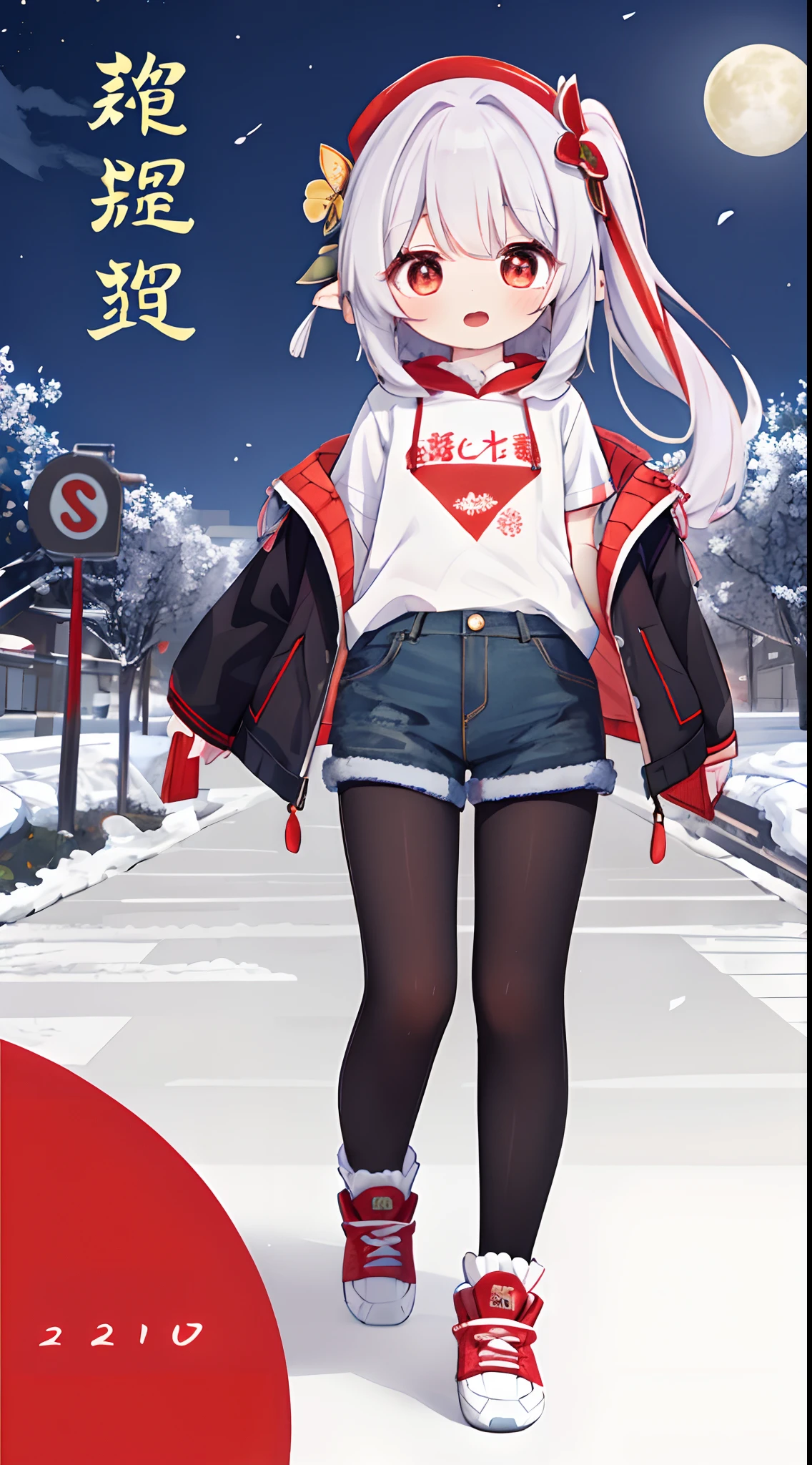 1girll, Solo, redheadwear，red eyes, Long hair, dual horsetail，shirt, Open mouth, astonishment，shyexpression，red colour，tee shirt，shirt。Red Chinese knot sweatshirt，Hood,  view the viewer, kazami yuuka,  Open clothes, bangs,denim short，lacepantyhose，athletic sneakers，new year，New Year's clothing，down jacket，Full body photo of full moon