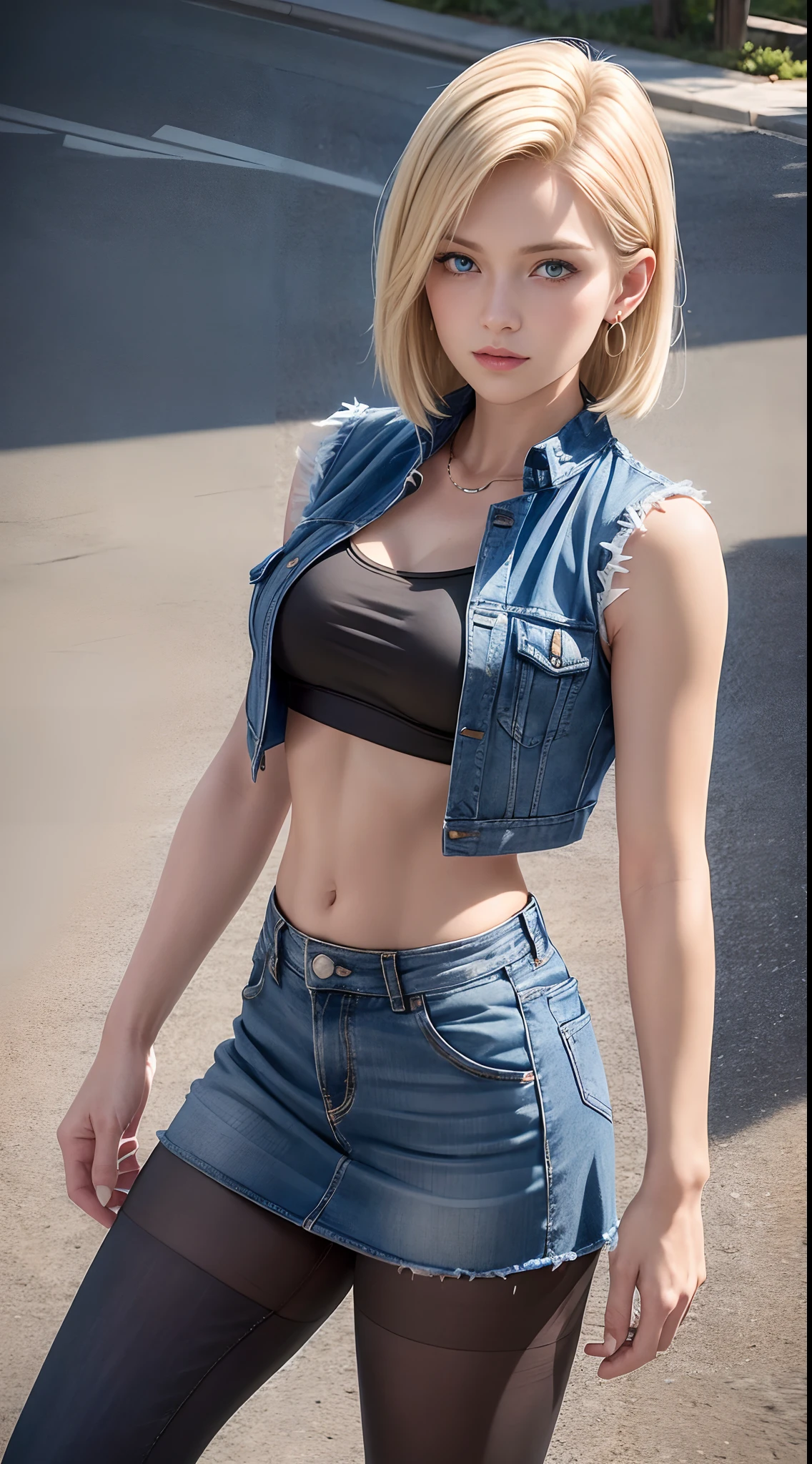 Best Quality, High Resolution, and18, 1girl in, Android 18, Solo, Blonde Hair, Blue Eyes, Short Hair, Earrings, Jewelry, Short Sleeve Denim Vest, Open Vest, Black Stockings, Black Sports Bra, Jeans Mini Skirt, Mini Skirt blue, Sexy heels, medium breasts, Cowboy Shot, Street, full body shots, (externally expanded chest: 1.2)