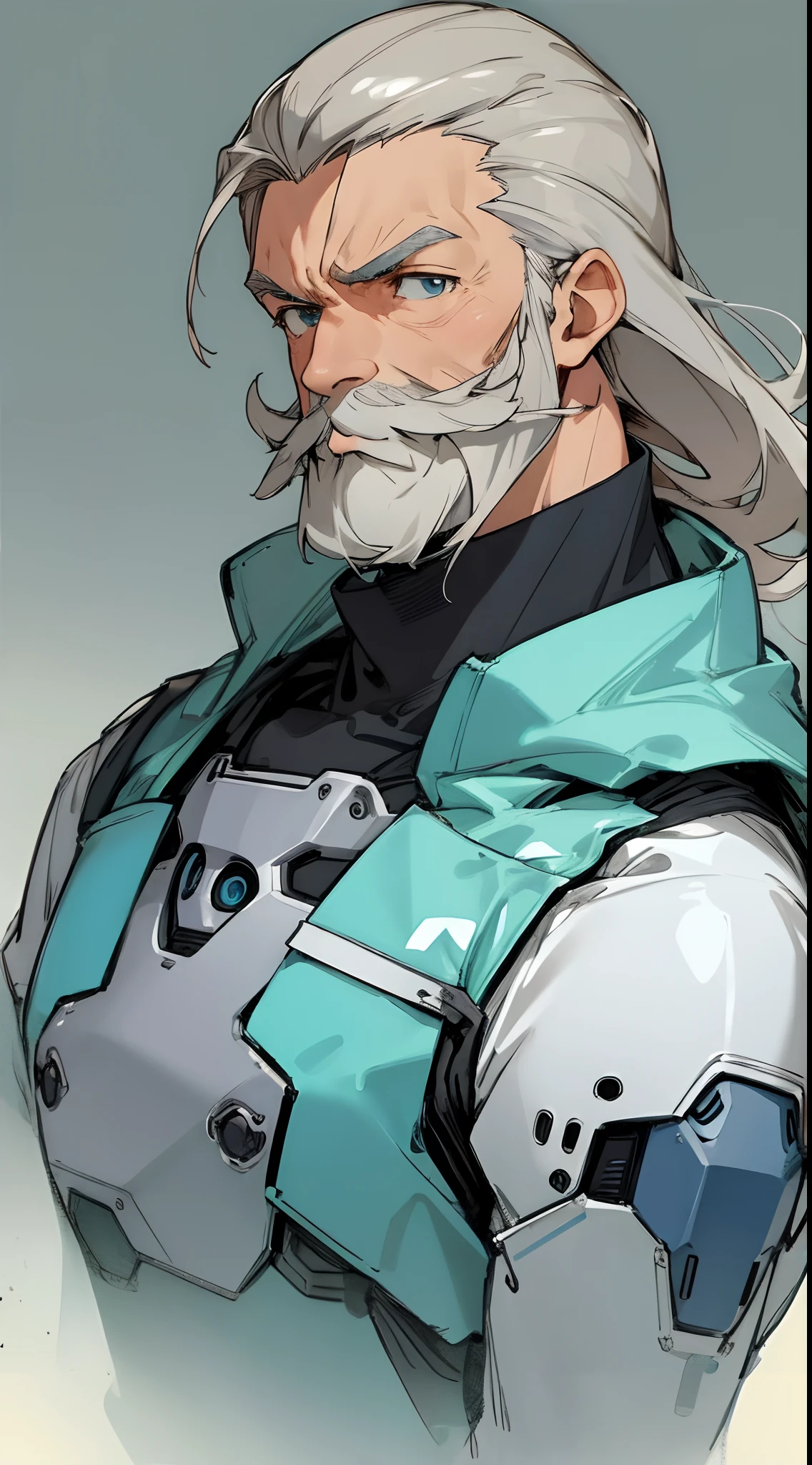 (masterpiece, best quality) detailed, 1Character , blue archive art style ,  pastel washed out colors , cell shade , soft, muted shades ,gentle colors ,

Wearing a mix of futuristic body suit and sword art online outfit. 

Handsome older man , broad shoulders, muscular, gray hair , handlebar mustache, gray mustache, light wrinkles on face , sharp jawline , stern expression, age 66