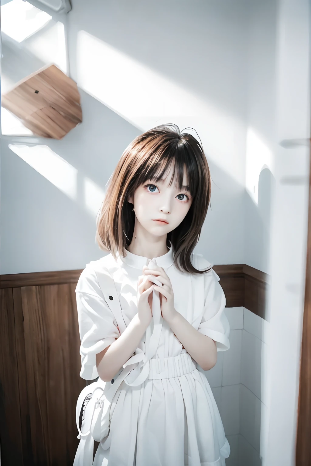 Teenager 14 year old girl, Wearing white soft white fluff, Her eyes are big and curious, She was excited and happy to see me, Beautiful eyes, White hair, Pink eyes, good art, Good drawings, 2D Anime, 2D, Cute, 2 hands and 5 fingers on each hand, Beautiful hands, Good hands are drawn, 4K, 8K, Brown eyes projecting the background like a mirror、Afternoon light、Orange sunlight shining into the room