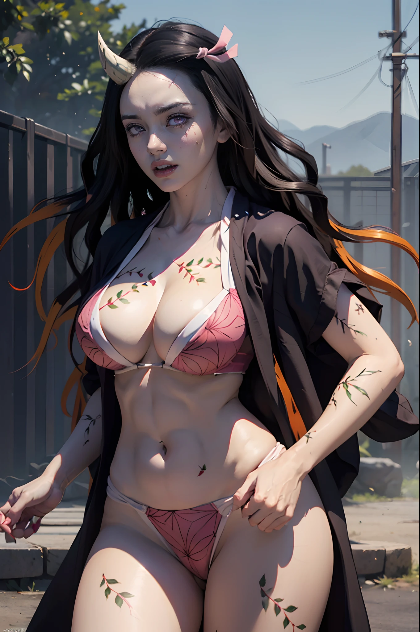 (ultra realistic photo of Nezuko kamado goddess of beauty, bright pink eyes, angry angry expression, she has a horn, 8k, UHD, hottie with ultra giant breasts, huge long breasts sticking out of her kimono, erotic, with long black hair and orange tips, sexy pink japanese kimono, she doesn't wear panties showing her tattooed pussy, pubic hair showing), Nezuko with a piece of bamboo stuck up her ass, (Nezuko, Nezuko-chan, Demon Slayer art style, kimetsu on yaiba), Hentai female anime character, (Nezuko, in her demon form, Huge breasts, giant long breasts sticking out of her clothes, her breasts stick out of her kimono, showing beautiful pointy breasts), (length of ultra giant breasts goes down to her toned stomach, she has leaf tattoos running down her sexy erotic body), Demon Slayer rui fanart, wielding kunai, Marin Kitagawa Fanart, clean and detailed anime art, a very beautiful berserker woman, by Kamagurka, professional art, perfect detailed, (Nezuko kamado in her demonic form showing her giant and hairy pussy, based on the demon slayer kimetsu no yaiba), nudes, nude porn