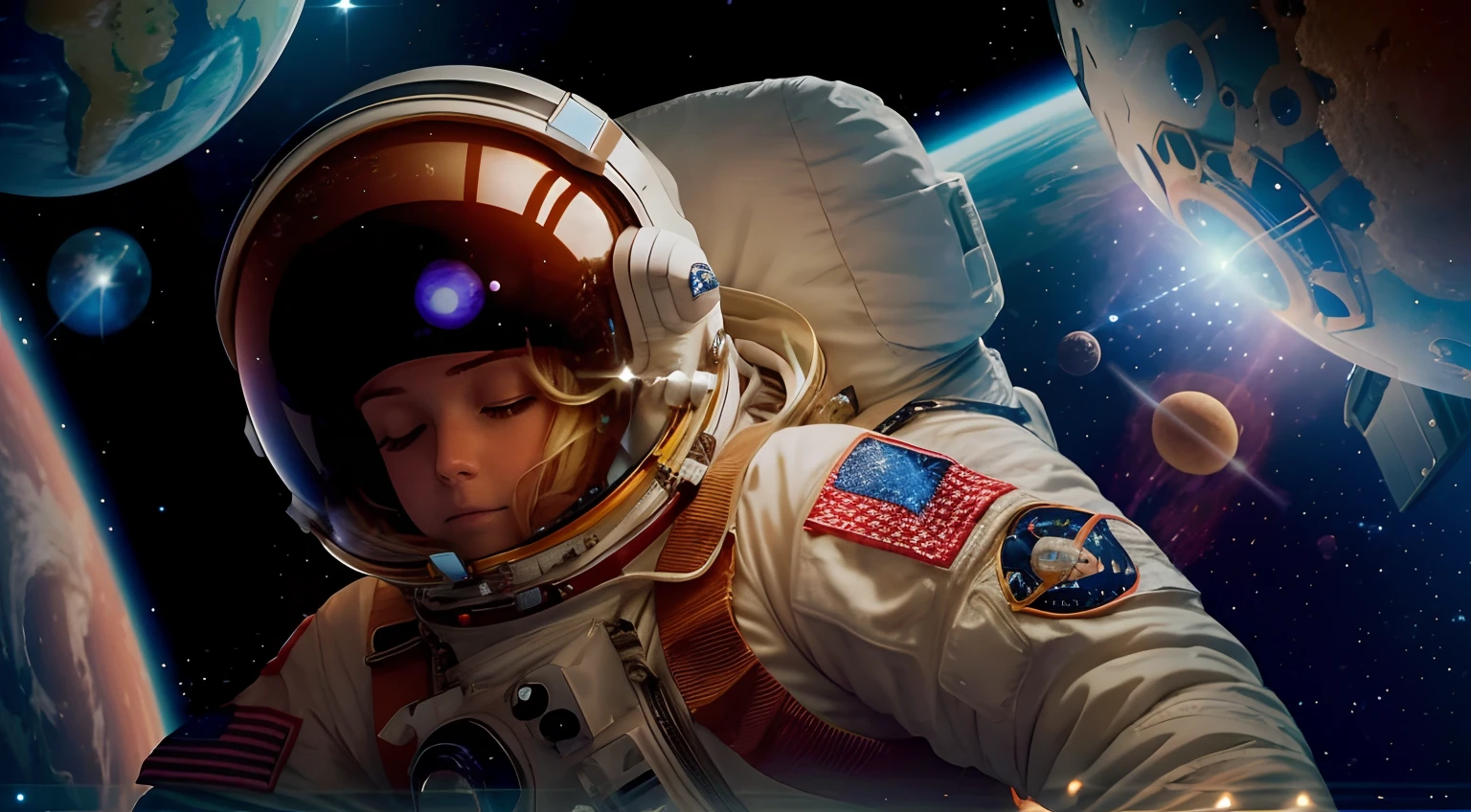 female astronaut floating in space, her eyes open halfway, she has a space suit on and a space helmet, you can see her eyes open halfway wearing headphones with the helmet on, blond hair, stars in the background are twinkling, planets in the background are rotating, opening eyes, a star goes supernova and explodes destroying 2 planets in the background