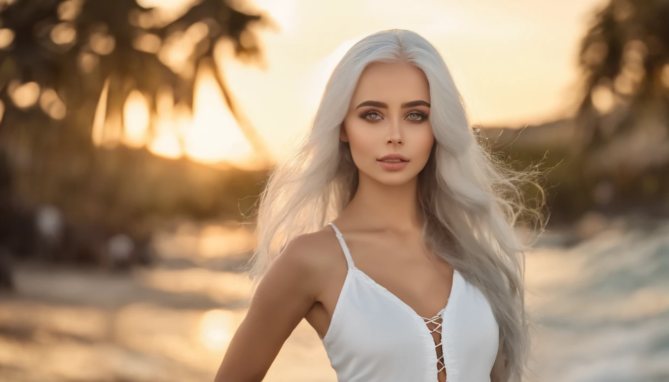 Woman in white tank top and ripped jeans, Sexy girl with green eyes, Portrait of Sophie Mudd, (Big Eyes:1.2 ), (Subtle turquoise eyes), (Voluminous white hair:1.8), (Silver-haired hair), (large eyes), (Silver-haired hair), (large eyes), (Silver-haired hair), (large eyes), Selfie of a young woman, without makeup, natural makeup, Straight Looking at the Camera, Faces with artgrams, Subtle makeup, Amazing full-body shots, Pierced green eyes, Beautiful angles, attractive pose, Cute Girl, Sexy Pose, full body photograph, s whole body, full body shooting, Brunette Goddess, High Detail, Satisfying pose, seaside, waves, sunset