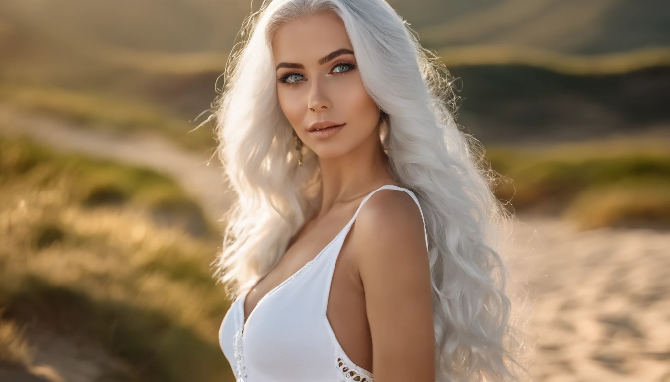 Woman in white tank top and ripped jeans, Sexy girl with green eyes, Portrait of Sophie Mudd, (Big Eyes:1.2 ), (Subtle turquoise eyes), (Voluminous white hair:1.8), (Silver-haired hair), (large eyes), (Silver-haired hair), (large eyes), (Silver-haired hair), (large eyes), Selfie of a young woman, without makeup, natural makeup, Straight Looking at the Camera, Faces with artgrams, Subtle makeup, Amazing full-body shots, Pierced green eyes, Beautiful angles, attractive pose, Cute Girl, Sexy Pose, full body photograph, s whole body, full body shooting, Brunette Goddess, High Detail, Satisfying pose, seaside, waves, Sunny weather