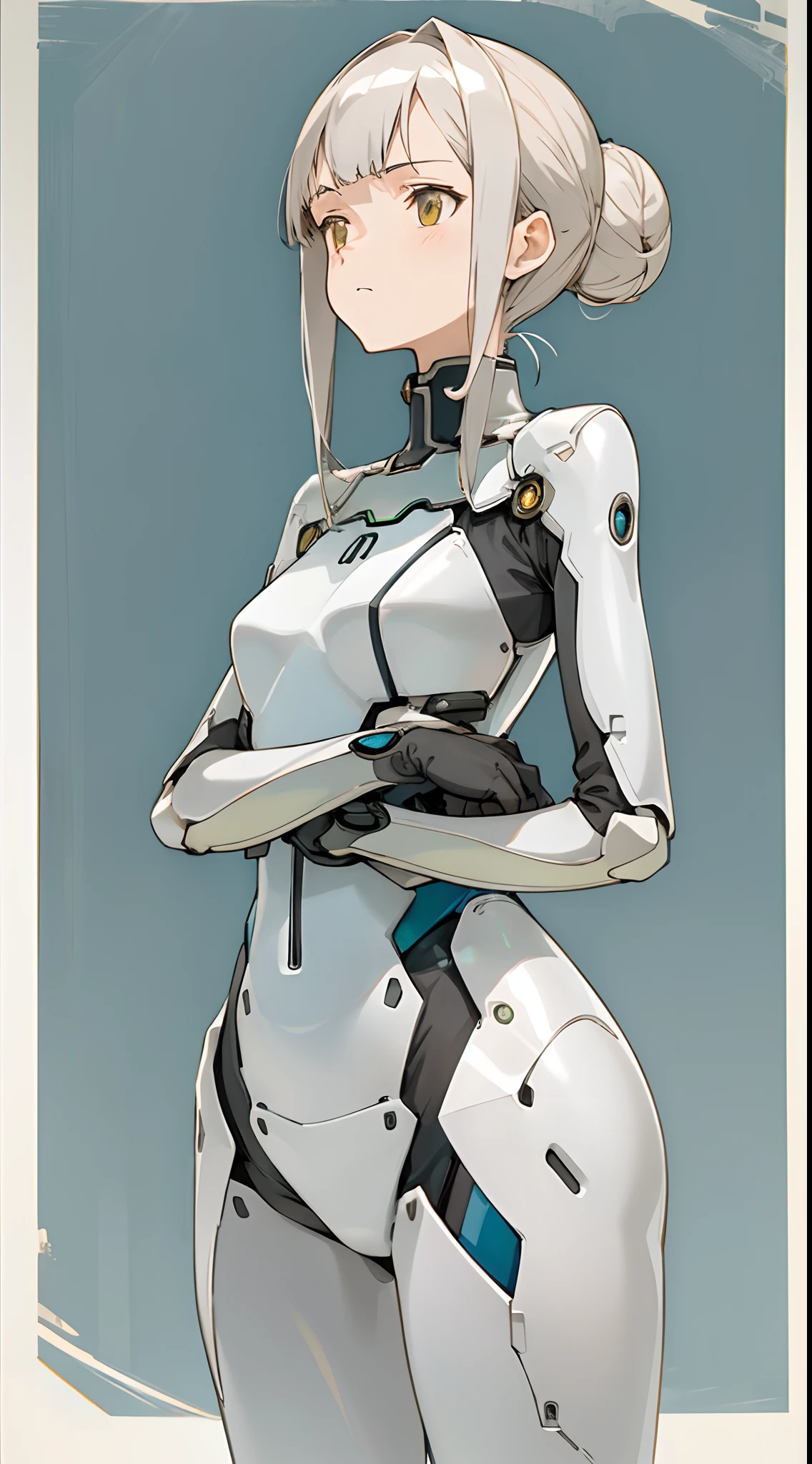 (masterpiece, best quality) detailed, 1Character , blue archive art style , pastel washed out colors , cell shade , soft, muted shades ,gentle colors ,
Wearing a mix of futuristic body suit and sword art online outfit.
Beautiful older woman , hair in a bun ,pale skin , gold eyes , blunt bangs , slender build , silver hair , slender eyes ,older woman, mature woman ,light wrinkles on face , age 60, standing confidence, arms crossed, determined expression