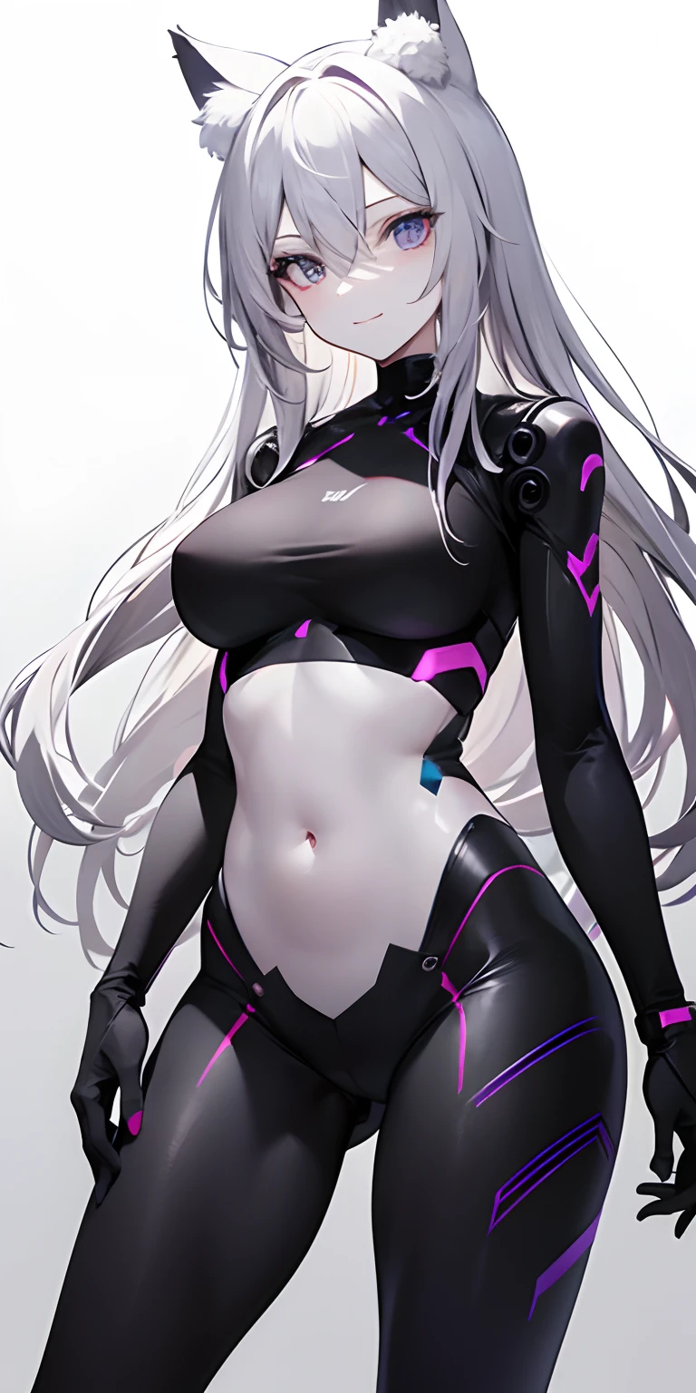 1girl, android, animal ear fluff, animal ears, bangs, breasts, pale skinned woman, pale skin, gradient, gradient background, (gray, black, white background), hair between eyes, hand on hip, joints , long hair, looking at viewer, navel, color eyes, big loose hair, (purple, white, black, gray hair), robot joints, smile, alone, standing, very long hair