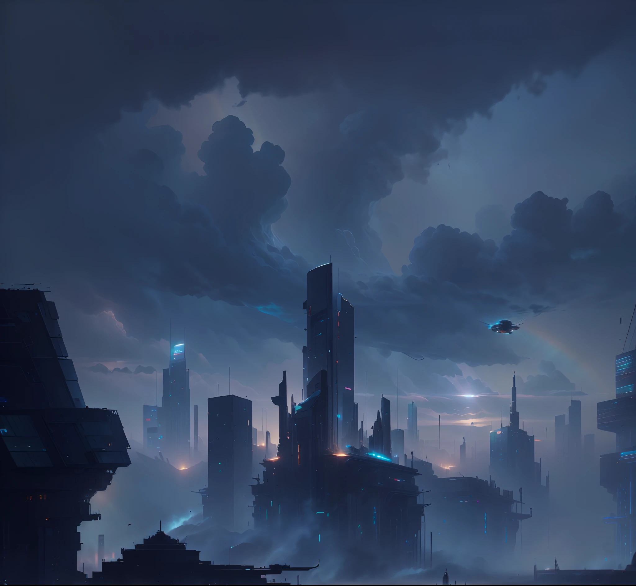 There is a painting,It is depicted as a city with many buildings, Dystopian digital concept art, cityscape ruins in the distance, apocalyptic city, landscape of apocalypse city, Ruined cityscape, dystopian city, foggy dystopian world, distant cityscape, dystopian city skyline at night, dark cityscape, looming over a city, Futuristic highly detailed wide angle shot of a metallic and glossy African design spacecraft,Fly over the African kingdoms of the future, Sculptures and infrastructure with highly detailed metal and glossy African design, Highly detailed metal and glossy high-speed train on the flyover road, Highly detailed metal and glossy neon billboard building, Highly detailed metal and glossy flying cars in the area, Highly detailed metal and glossy drone in the sky, Africans walk in clothes designed by Africa, Bright daylight shines beautifully, With rainbow lights, ultra-realistic image, 32K, Ultra HD, Cinematic lighting, Artgerm style, highly detailed image, Vivid and beautiful colors,