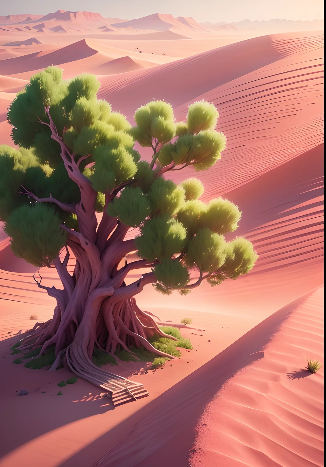 A single tree in a desert. The tree is fresh and green with pink flowers