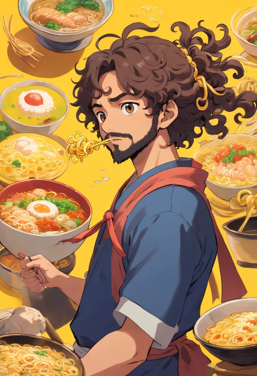 Curly long hair, tied up hair, dark brown man, beard, ramen, yellow