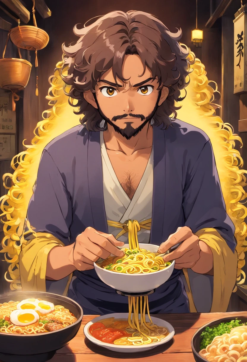 Curly long hair, tied up hair, dark brown man, beard, ramen, yellow