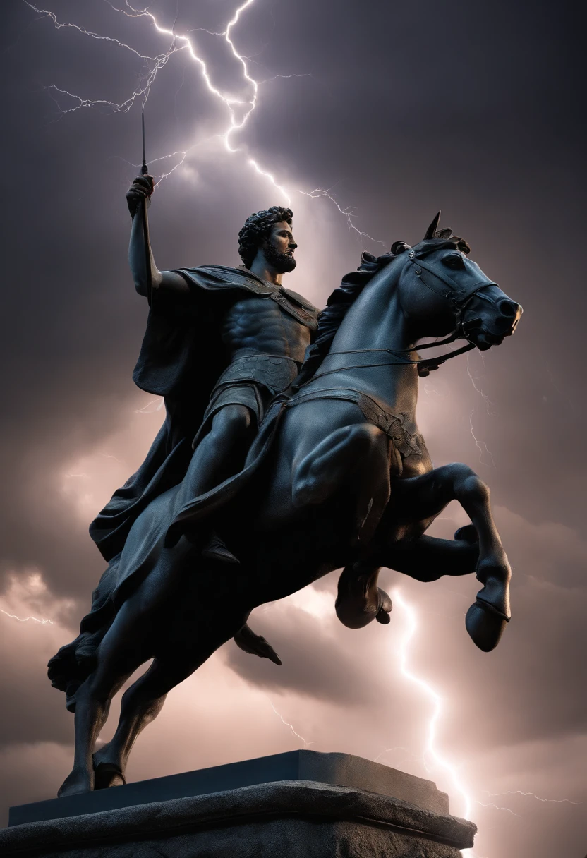 a statue of Marcus Aurelius, dinamic pose, sentado sobre uma rocha (with lightning in the background:1.4), Clint Cearley, Arnold render, a marble sculpture, (cinematografic:1.4), slate grey atmosphere, hiperdetalhada, tons suaves, detalhes insanos, Alto contraste, (8k) (auta resolution) (auta definition) (3D).