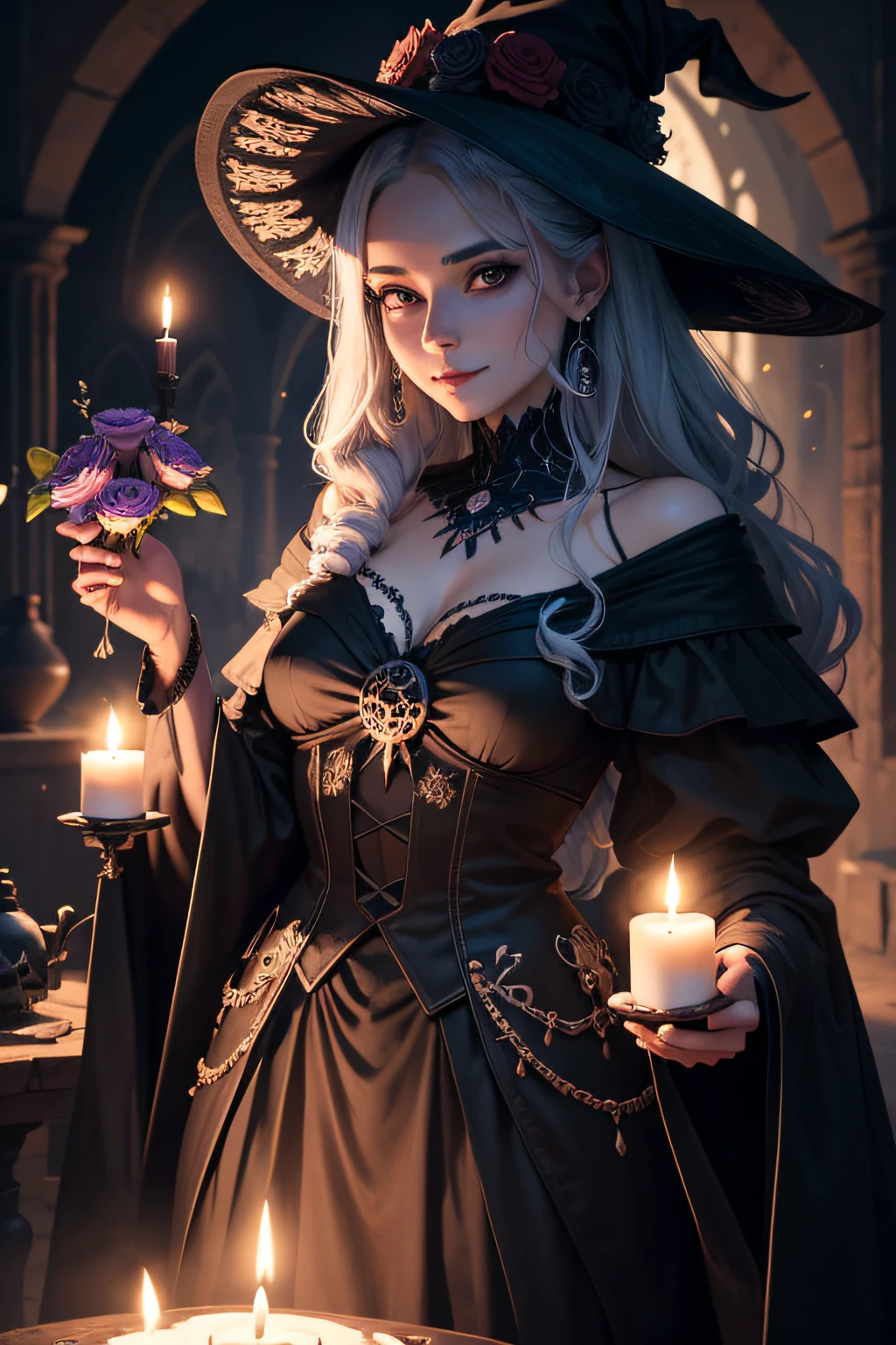 There's a woman in a top jogando cartas, (obra-prima, melhor qualidade: 1.4), (Absurdo, Alto, Ultra Detalhado: 1.2), linda mulher arafed com um coroa florido roxo e maquiagem roxa, Dia de Finados:. 8 mil, Dia dos Mortos Maquiagem, half skull half face, sugar skull, half skull face, Arafed, stands and shows his perfect figure at full height holding a bouquet of black roses in both hands , dressed in a magical and mystical costume . She's in a magical setting, Surrounded bubbling potions in her glowing cauldron. Her curious gaze and delighted smile reveal her passion for witchcraft. Ao fundo, um templo de misticismo, cristais, velas, coruja, cartas, UHD skulls, 8K.