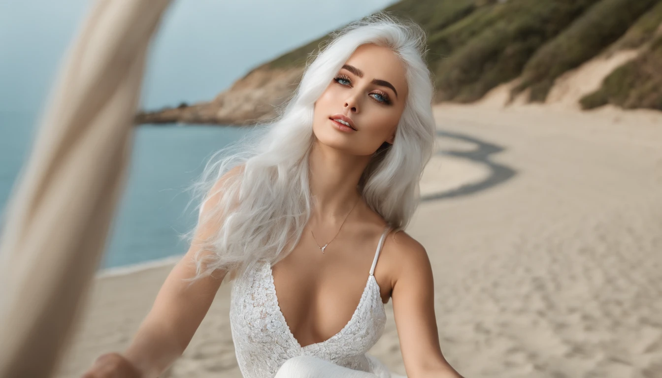 Woman in white tank top and ripped jeans, Sexy girl with green eyes, Portrait of Sophie Mudd, (Big Eyes:1.2 ), (Subtle turquoise eyes), (Voluminous white hair:1.8), (Silver-haired hair), (large eyes), (Silver-haired hair), (large eyes), (Silver-haired hair), (large eyes), Selfie of a young woman, without makeup, natural makeup, Straight Looking at the Camera, Faces with artgrams, Subtle makeup, Amazing full-body shots, Pierced green eyes, Beautiful angles, attractive pose, Cute Girl, Sexy Pose, full body photograph, s whole body, full body shooting, Brunette Goddess, High Detail, Satisfying pose, seaside, waves, Sunny weather
