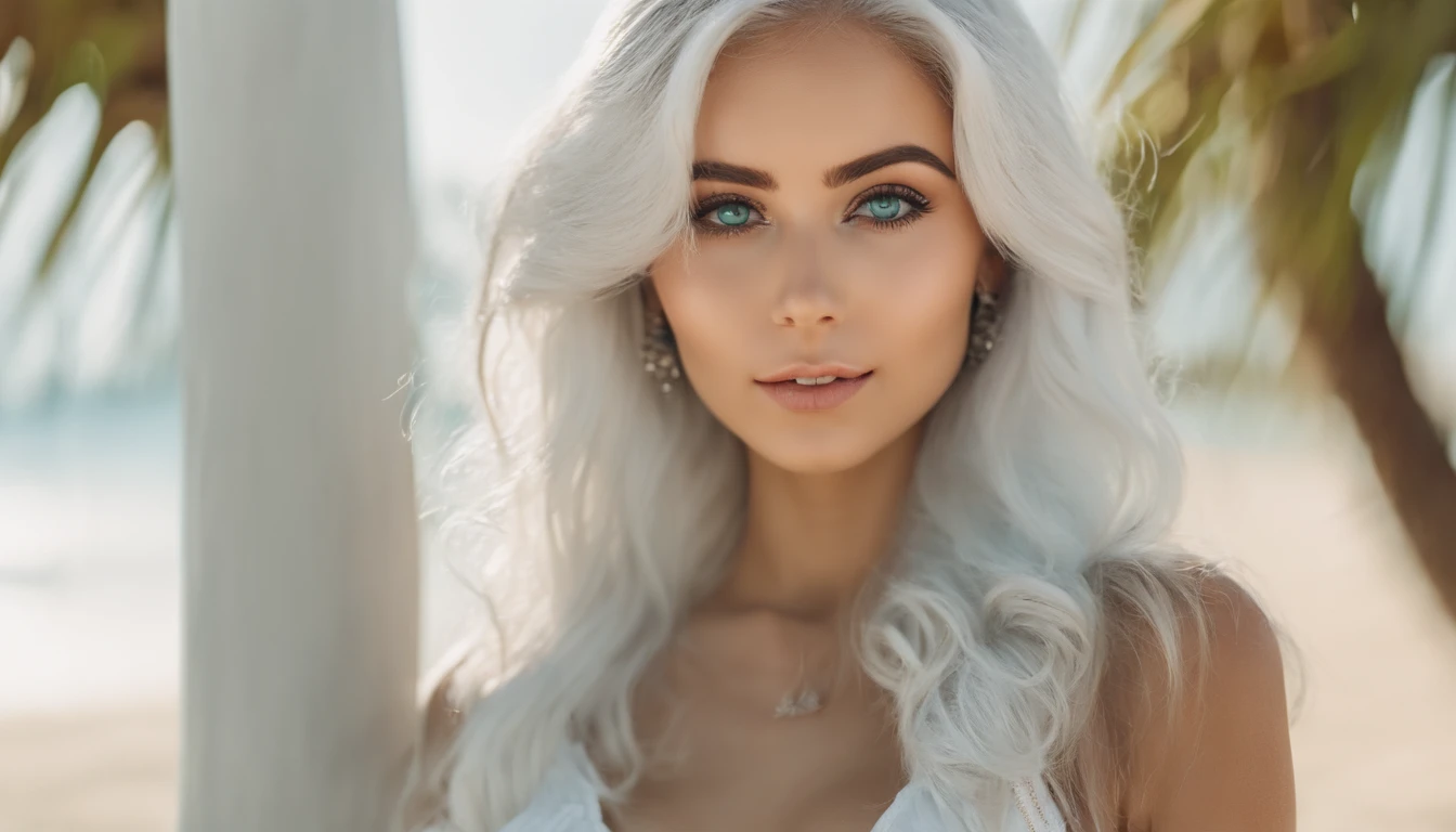 Beautiful 20 year old girl with perfect society body with light platinum hair, wearing a white women's suit with shiny stone embroidery on the sleeves and waistcoat,