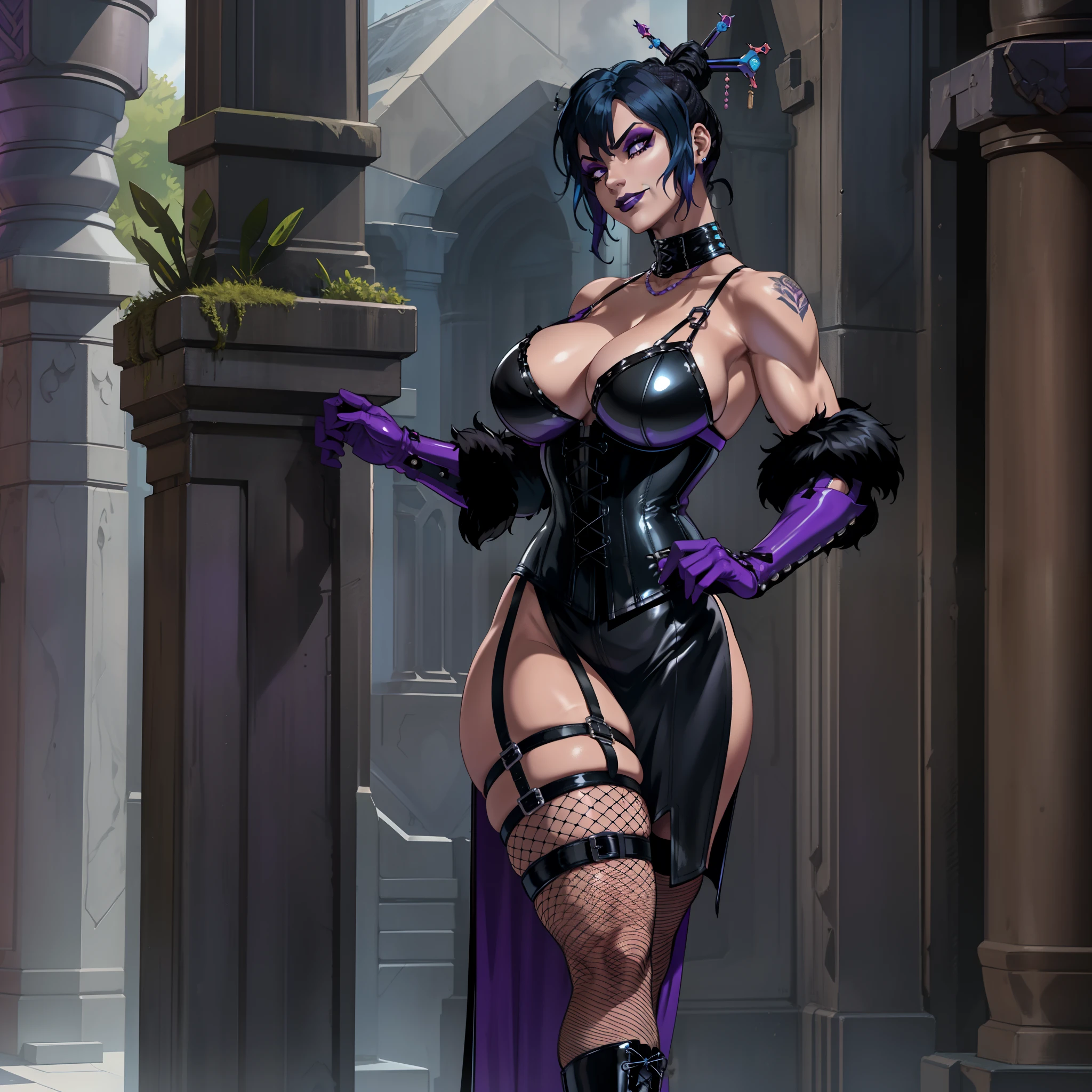 muscular, athletic Gothic female wearing sexy fur lined robe with sexy purple dress under it, has blue hair, thicc, wearing fishnets, nsfw, lewd, black lipstick, dominatrix aesthetic, BDSM gear, dominant, evil, sensual grin, wearing corset with bustier, rivets, wearing thigh high combat boots, solo, alone, (SOLO)(ALONE)