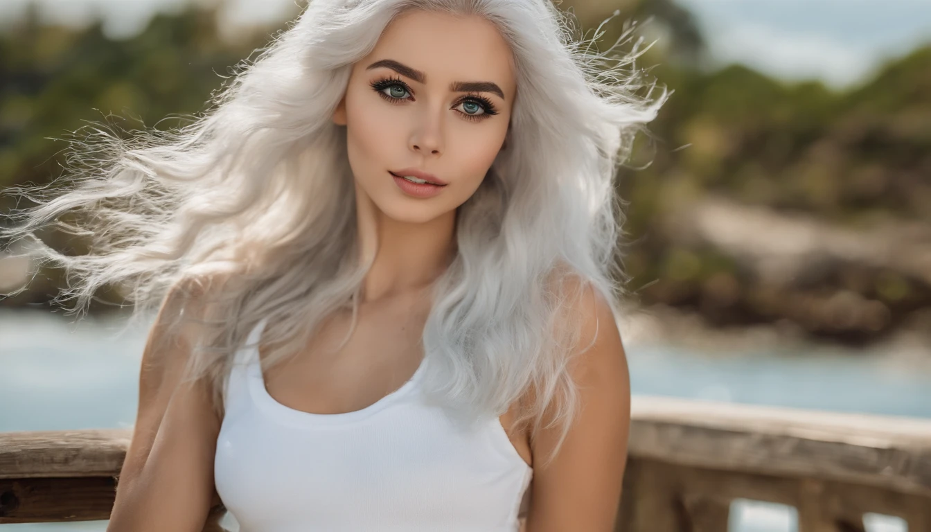 Woman in white tank top and ripped jeans, Sexy girl with green eyes, Portrait of Sophie Mudd, (Big Eyes:1.2 ), (Subtle turquoise eyes), (Voluminous white hair:1.8), (Silver-haired hair), (large eyes), (Silver-haired hair), (large eyes), (Silver-haired hair), (large eyes), Selfie of a young woman, without makeup, natural makeup, Straight Looking at the Camera, Faces with artgrams, Subtle makeup, Amazing full-body shots, Pierced green eyes, Beautiful angles, attractive pose, Cute Girl, Sexy Pose, full body photograph, s whole body, full body shooting, Brunette Goddess, High Detail, Satisfying pose, seaside, waves, Sunny weather