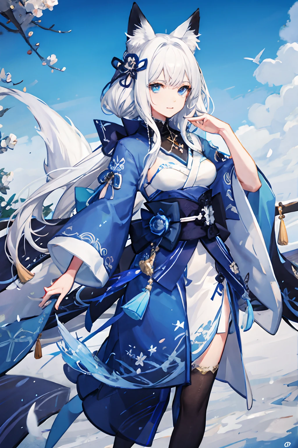 (Best quality:1.4), A high resolution, Masterpiece,, 1girll,, White color hair, Blue eyes,, Medium breasts,, Fox ear fur ornaments, (Blue|White Japanese Shinmitsu costume),, Detailed face,