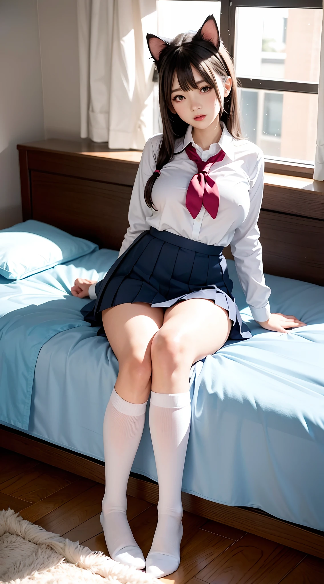 Cat ears anime girl，(((Good school uniform))), inside in room，Bedrooms，Bed，White leg socks，Bigchest，mature，huge tit，Raised sexy,Rounded，long leges，quilt，pillow head