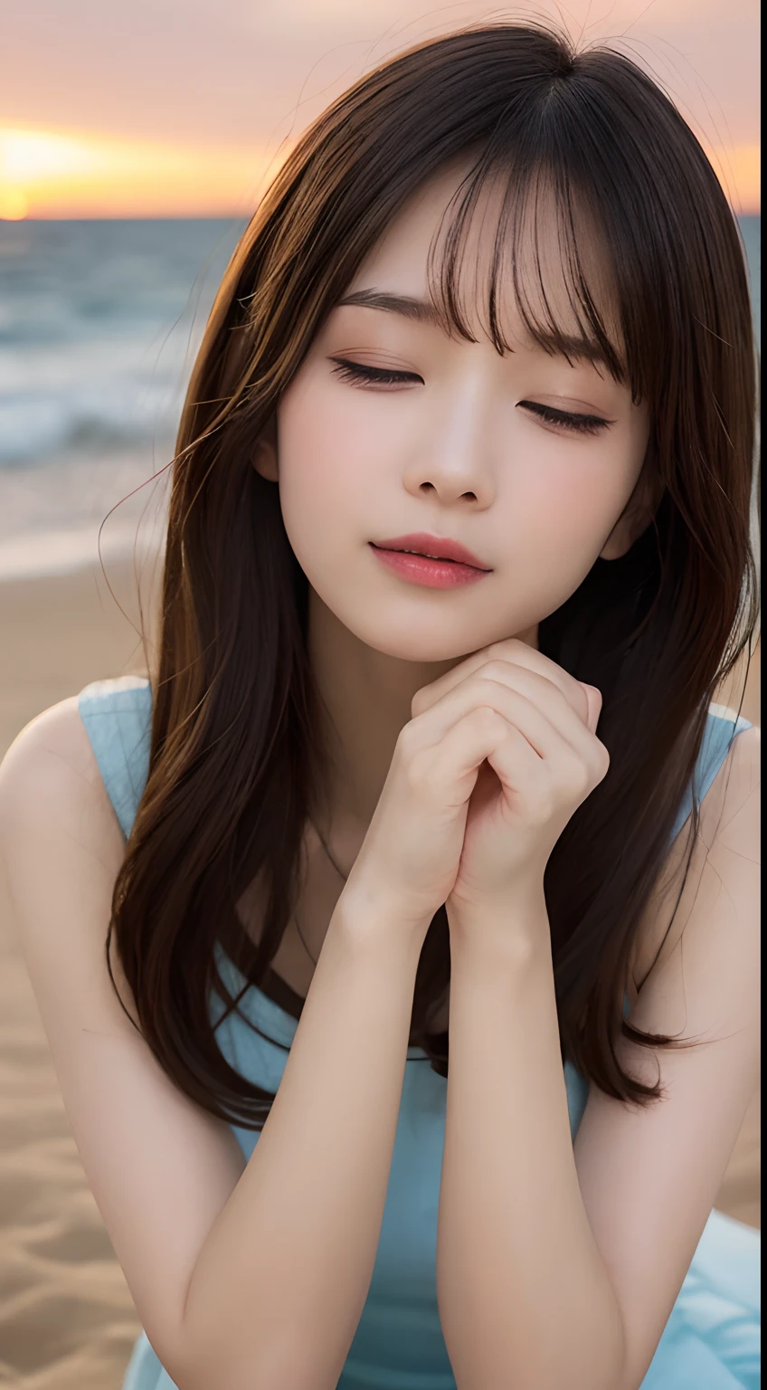masutepiece, Best Quality, Illustration, Ultra-detailed, finely detail, hight resolution, 8K Wallpaper, Perfect dynamic composition, Beautiful detailed eyes, Wear a dress, Natural Color Lip,Beach, Random and cute poses, Kissing face,Close your eyes,Face Kiss Viewer,Perfect and beautiful face,Cute,Sexy face,Raise chin,Sunset,A face that felt ecstasy