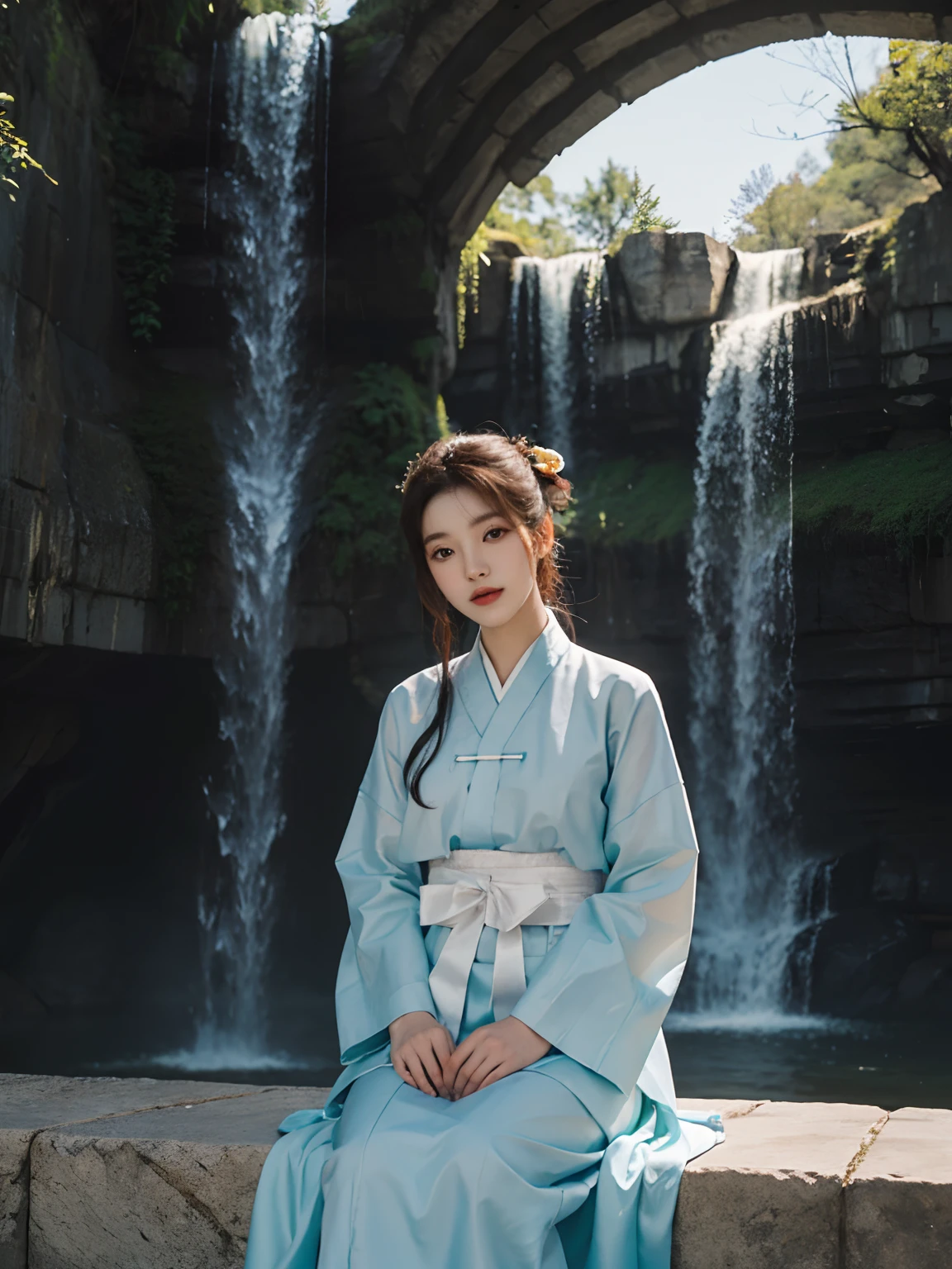 top Quority，Ultra-clear resolution,  Facial is clear. Beautiful concubine. Korean kingdom.((hanbok. Korean Dynasty)) sitting. Under the waterfall