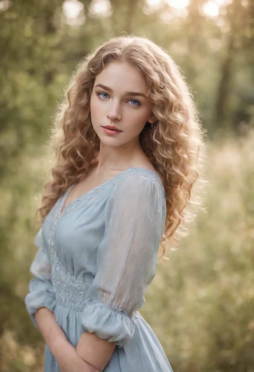"Full body portrait of a charming 18 year old women with curly light hair, petite figure, beautiful face, captivating blue eyes, and modest bust size, showcasing her natural beauty."