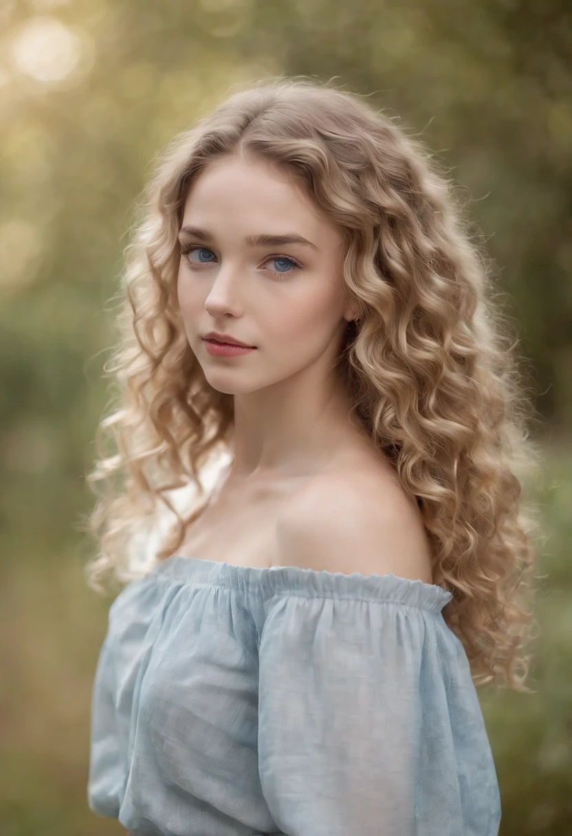 "Full body portrait of a charming 18 year old women with curly light hair, petite figure, beautiful face, captivating blue eyes, and modest bust size, showcasing her natural beauty."