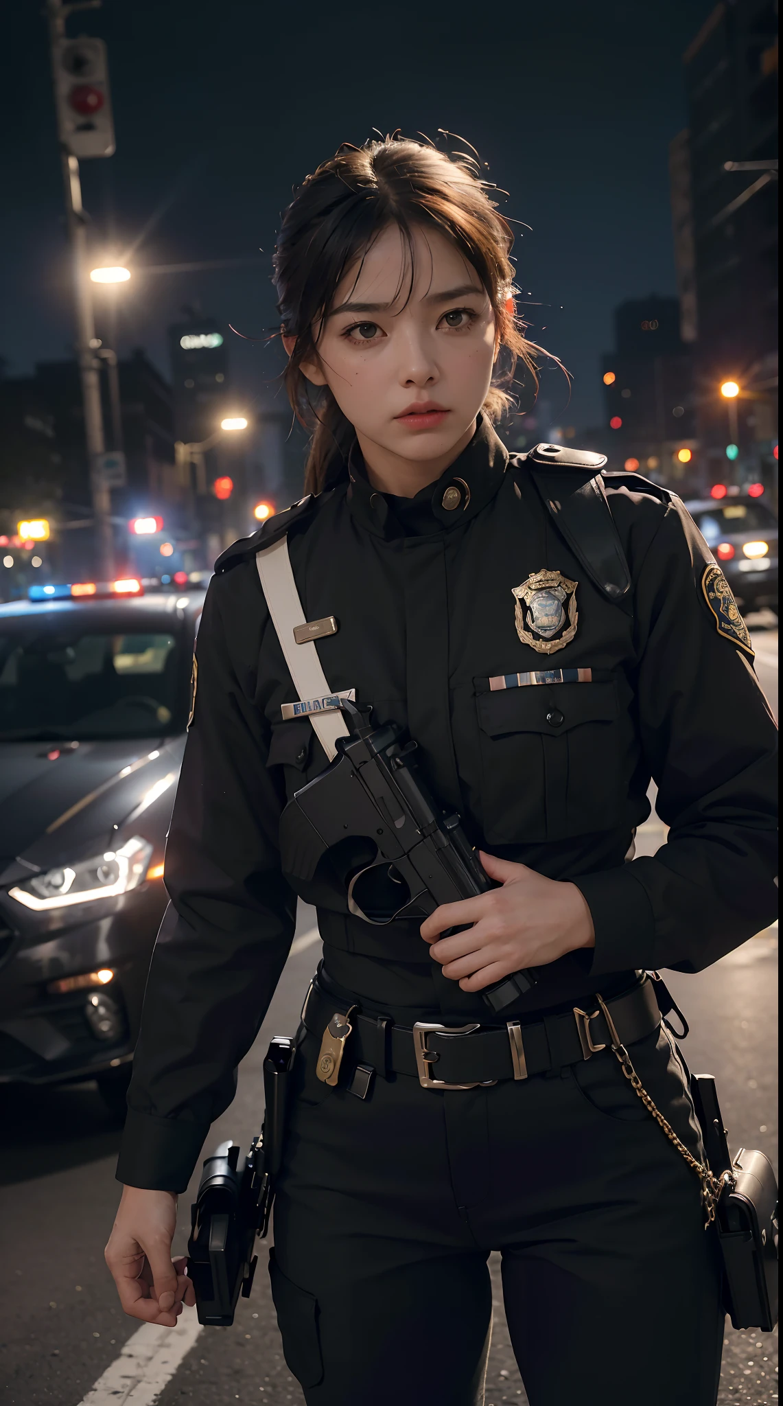 Highest image quality，Outstanding details，超高分辨率，swat，The police of the future，Model figure，dynamicposes，Grim expression，grim eyes，masked，She wears a futuristic SWAT uniform，She stood in front of the police car，Robust body，Sexy and robust，Detailed abs，Detailed muscle lines，sense of strength，perspired，the night，toyko，outside，street corner，Tokyo city street：1.5，Tokyo night view background，At night，neonlight，sense of science and technology，future-tech，Very detailed cyberpunk style，cyber punk perssonage：2.0，Highly detailed police uniforms：2.0，Highly detailed police cap，Highly detailed police force，Highly detailed police badge，Highly detailed armbands，Highly detailed police strips，Highly detailed epaulettes，wear police cap，Highly detailed electric batons:1.5，Highly detailed guns:1.5，The gun of the future，intercom，Wireless devices：1.5，handcuff：1.5，police cars：1.5，Future police car，（Highly detailed body，Highly detailed face，Best quality at best：1.2） ，frontage，full bodyesbian，Look from the bottom up，look from down, looki at viewer，mechs，Tokyo city background，tokyo city，toyko，（（mechs：1.5）），（（Highly detailed police uniforms：2.0）），（（swat：2.0）），（（Hold the leather whip with both hands：2.0）），（（With a gun：2.0）），（（Tokyo city background at night：2.0）），（（Complex streets：1.5）），（（Highly detailed police car：2.0）），（fully body photo：2.0），（（the night：2.0）），（（Detailed hands：2.0）），（（Harmonious body proportions：1.5）），（（Normal limbs：2.0）），（（Normal fingers：2.0）），（（Detailed eyes：2.0）），（（Normal eyes：2.0）），