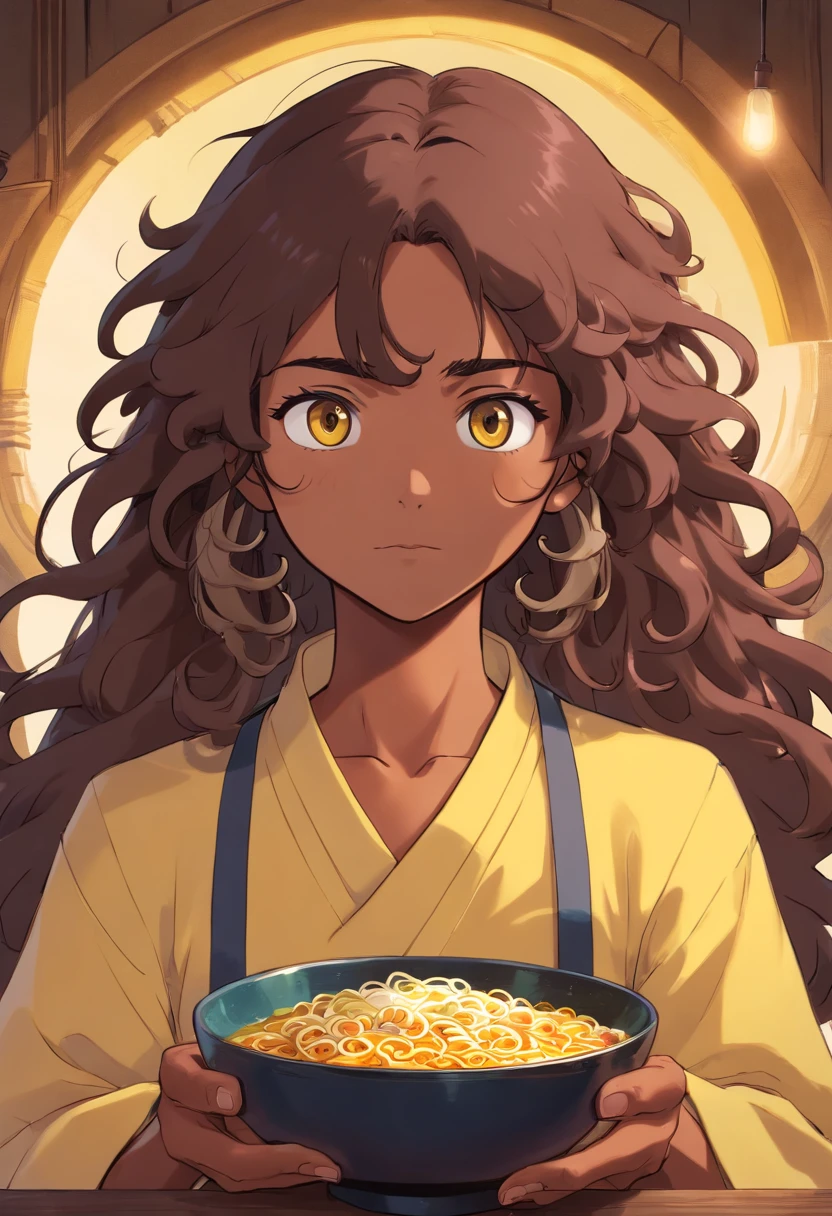 Curly long hair, tied up hair, dark skin, brown man, beard, ramen, yellow