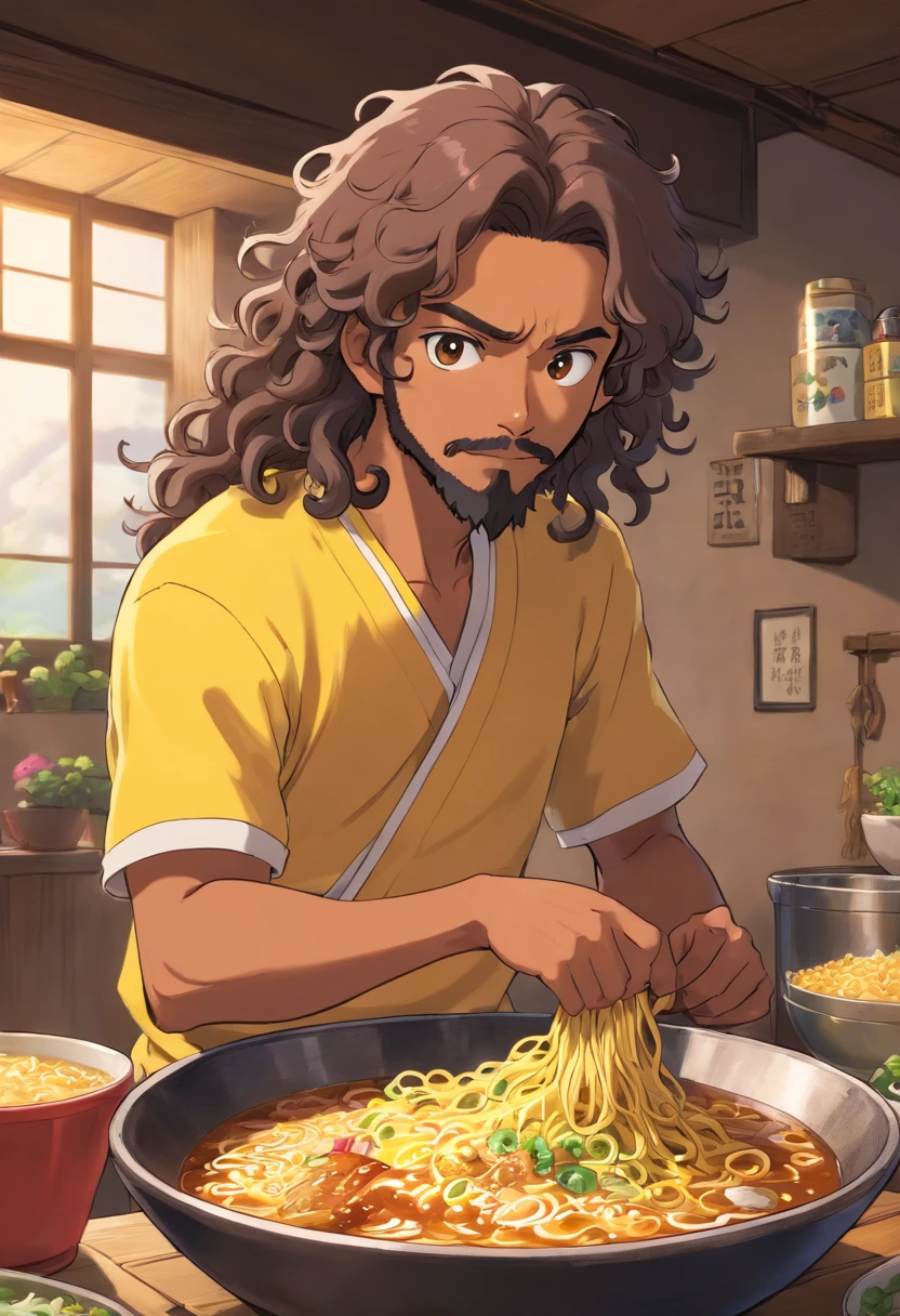 Curly long hair, tied up hair, dark skin, brown man, beard, ramen, yellow