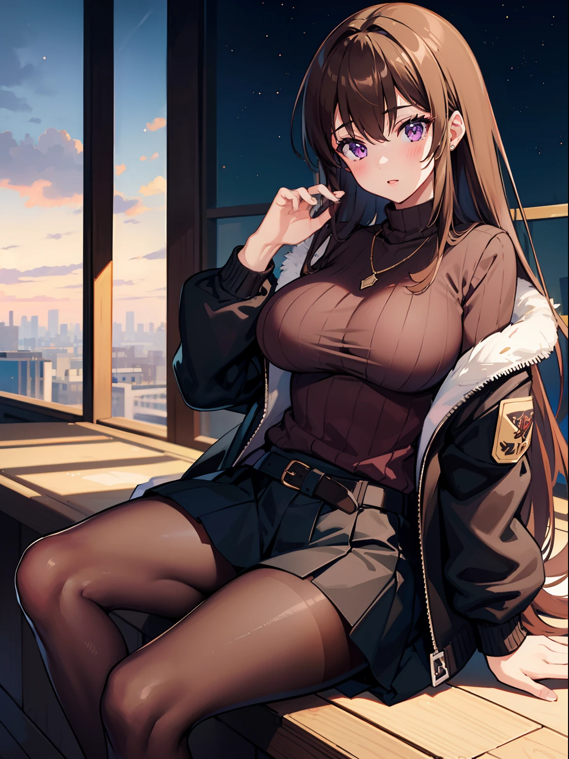 (((Best quality))), 1girl, brown hair, sweater, jacket, large breasts, purple eyes, long hair, defaultskin, skirt, pantyhose, Japanese, necklace, sitting