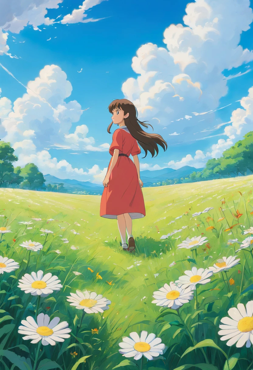 Realistic, authentic, beautiful and amazing landscape oil painting Studio Ghibli Hayao Miyazaki's petal grassland with blue sky and white clouds