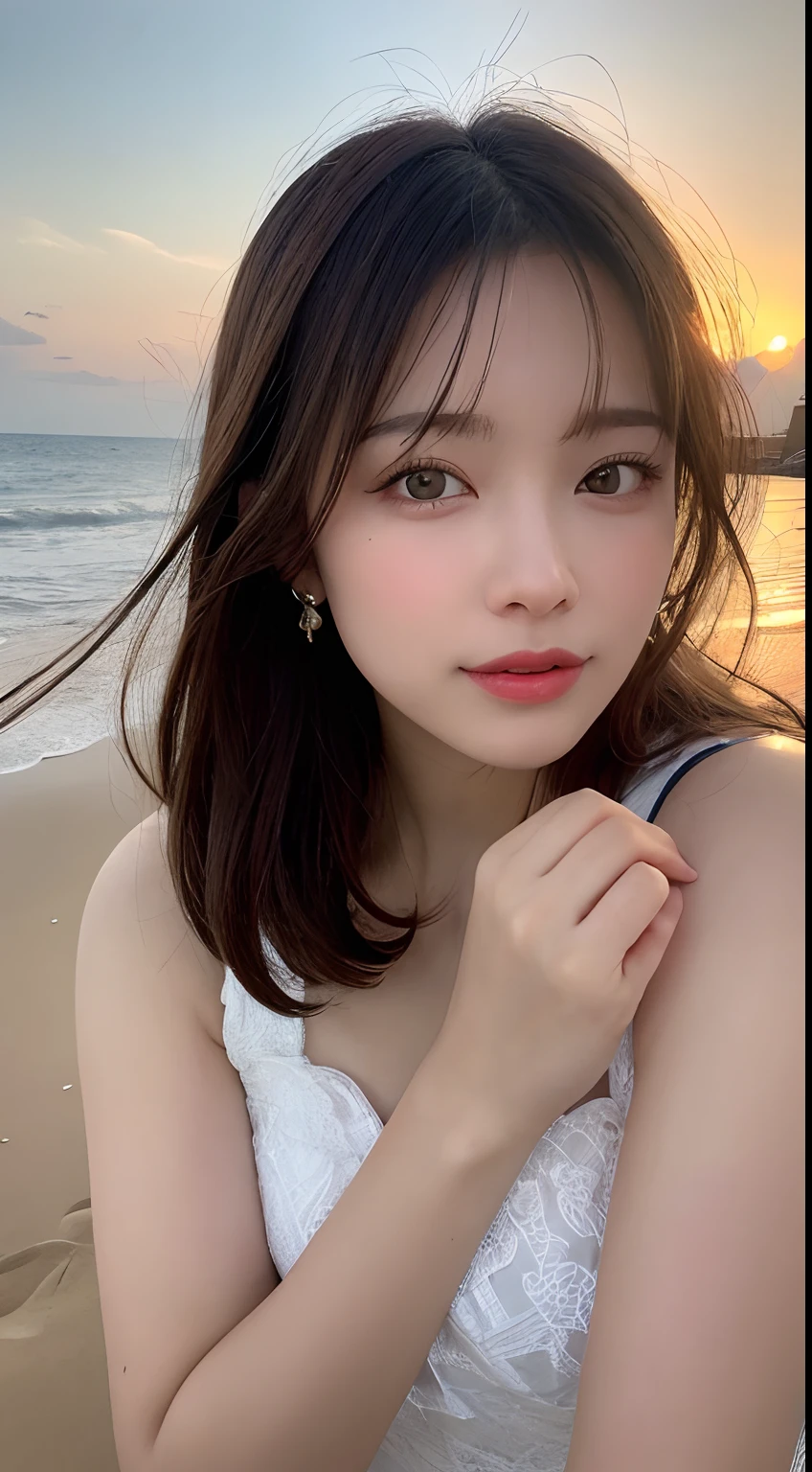 masutepiece, Best Quality, Illustration, Ultra-detailed, finely detail, hight resolution, 8K Wallpaper, Perfect dynamic composition, Beautiful detailed eyes, Wear a dress, Natural Color Lip,Beach, Random and cute poses, Kissing face,Close your eyes,Face Kiss Viewer,Perfect and beautiful face,Cute,Sexy face,Raise chin,Sunset,A face that felt ecstasy,Create a face that feels feminine