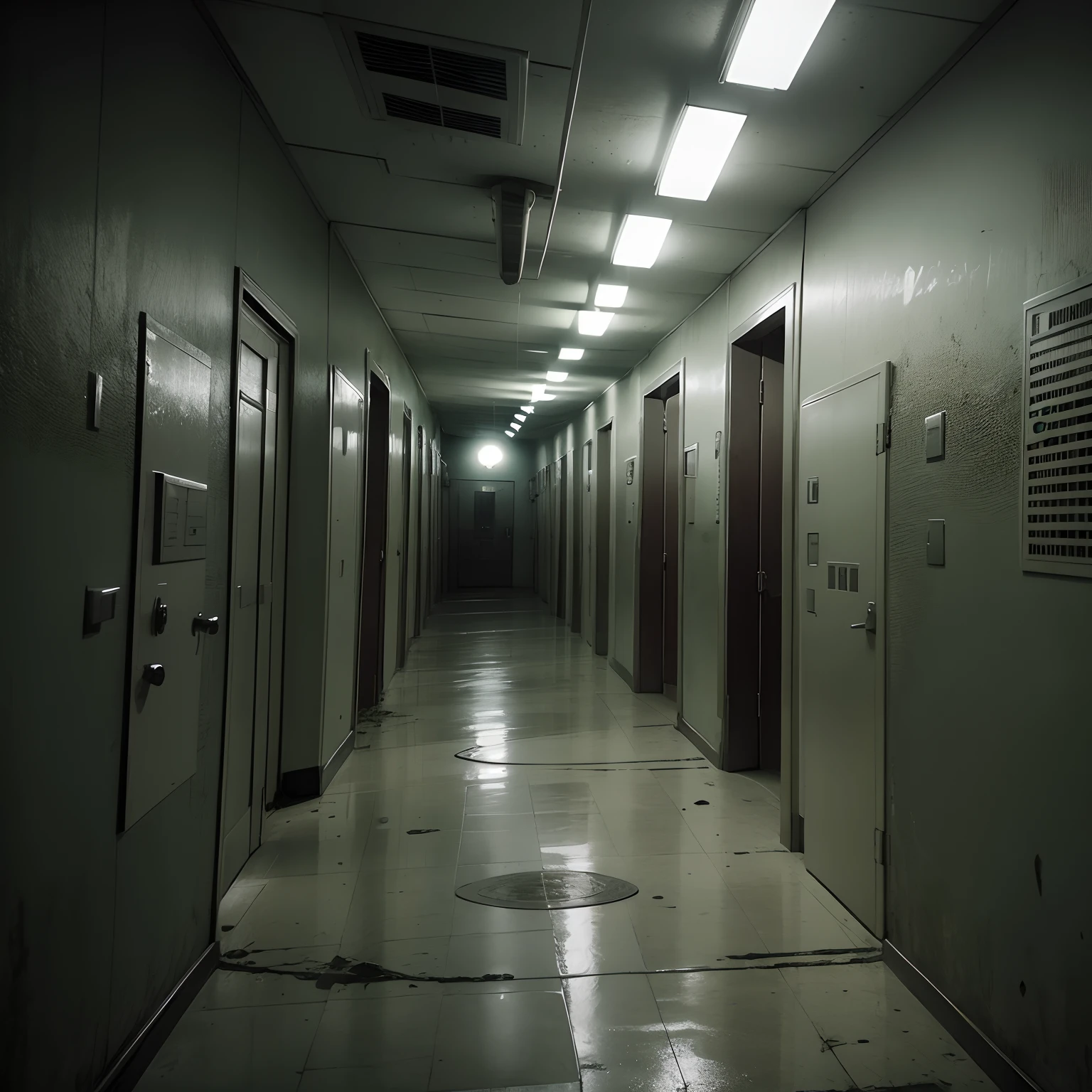 Endless abandoned hospital corridor with no doors or windows