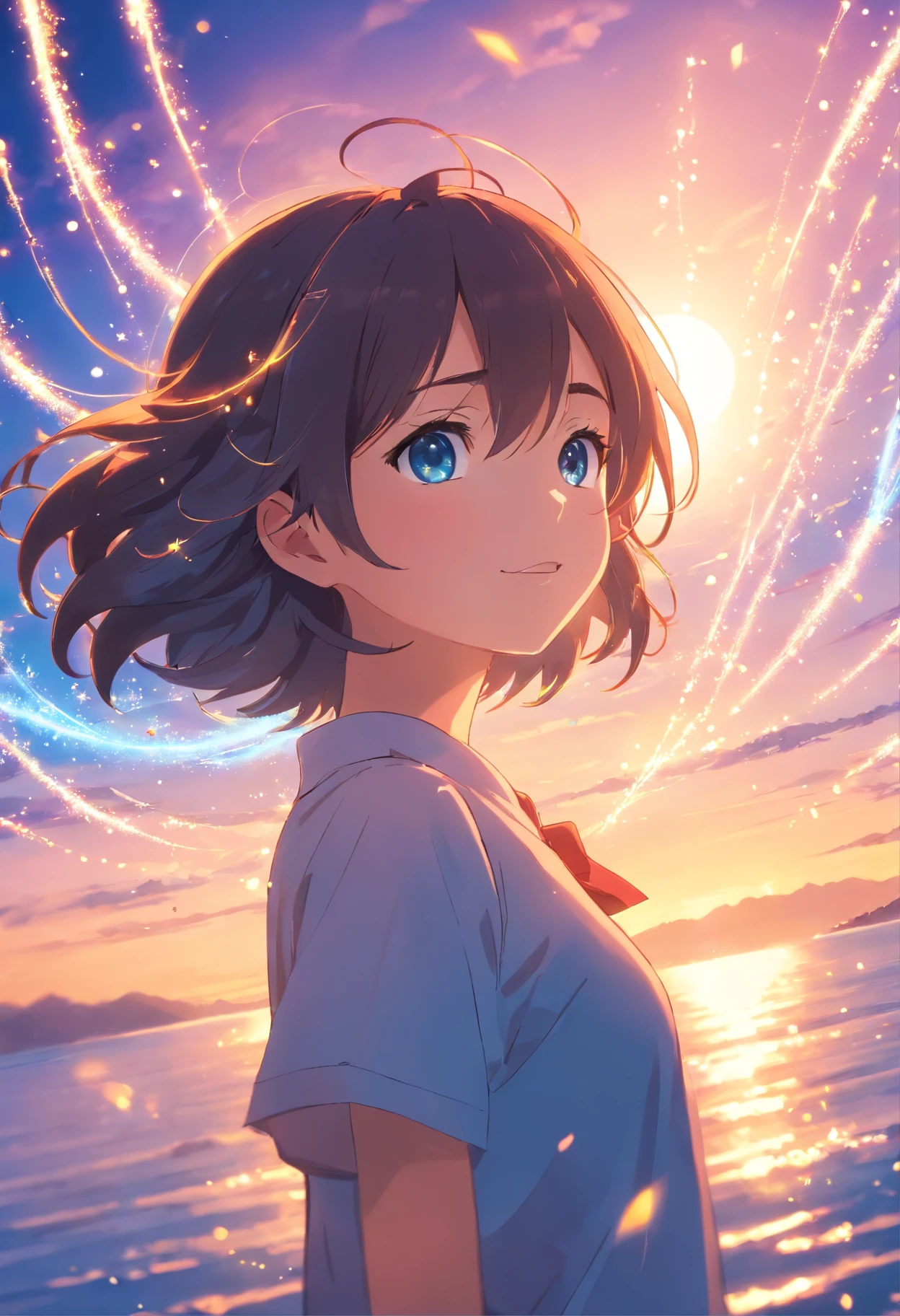 Blu eyes sparkling,masterpiece, best quality, movie still, shoot on eyes, floating in the sky, close-up, bright, happy, warm soft lighting, sunset, (sparks:0.7)