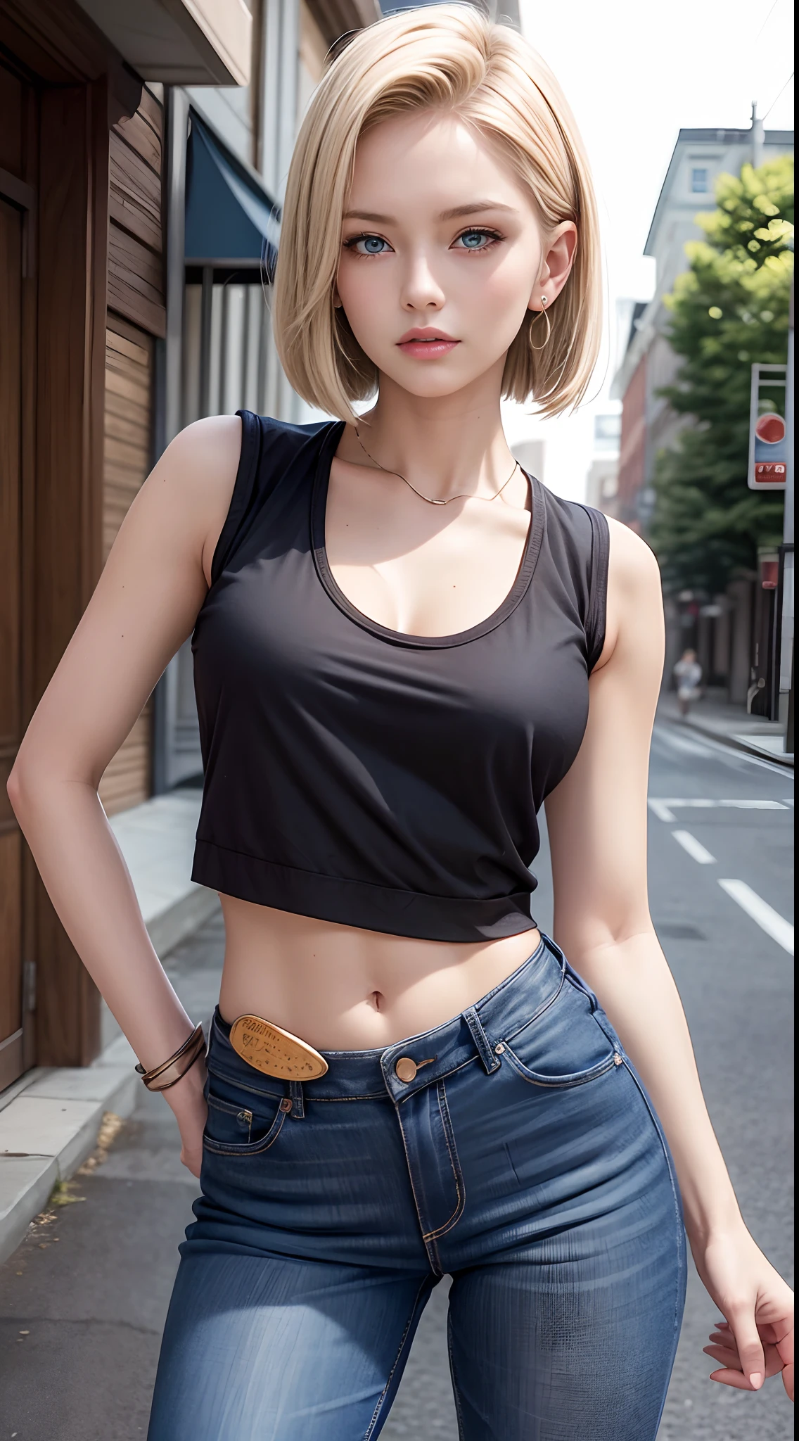 highest quality, High resolution, AND18, 1 girl, android 18, alone, blonde hair, blue eyes, short hair, cute smile，earrings, jewelry, denim dress, open vest, black sports bra, jeans miniskirt,  blue mini skirt, small breasts, cowboy shot, she is wearing black short boots，street, (external expansion chest: 1.2)，