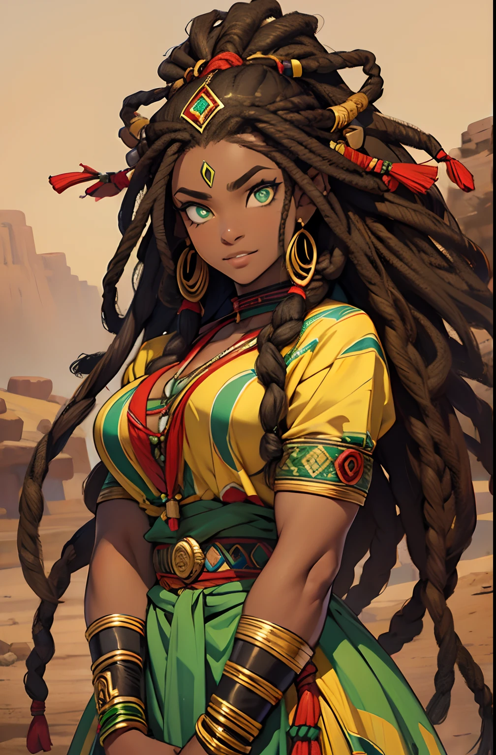 African Woman. African Hair. Dread Hair. Big mouth. Green Eyes. Tribal Fighting Clothes. Golden Details